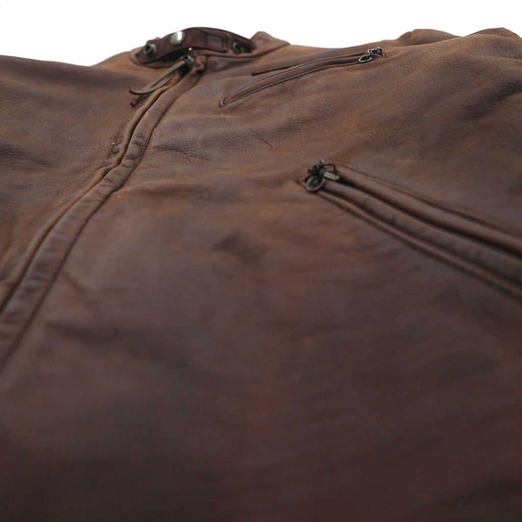 POLO JEANS COMPANY RALPH LAUREN Giacca in pelle da motociclista vintage anni '90, monopetto, taglia L, marrone, con fodera trapuntata