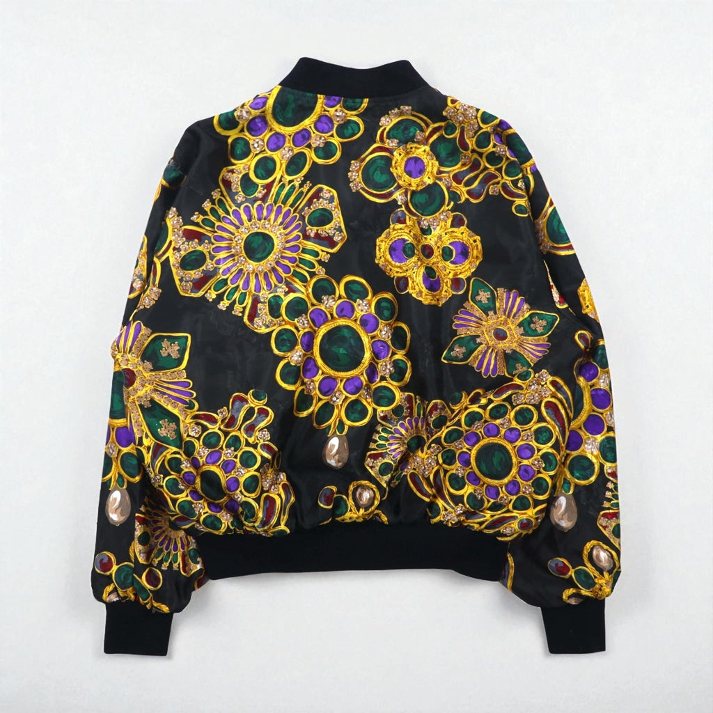 90s Vintage Bomber Jacket Nicole / J-Farah サテンジャケット ブルゾン L ブラック 総柄 90年代
