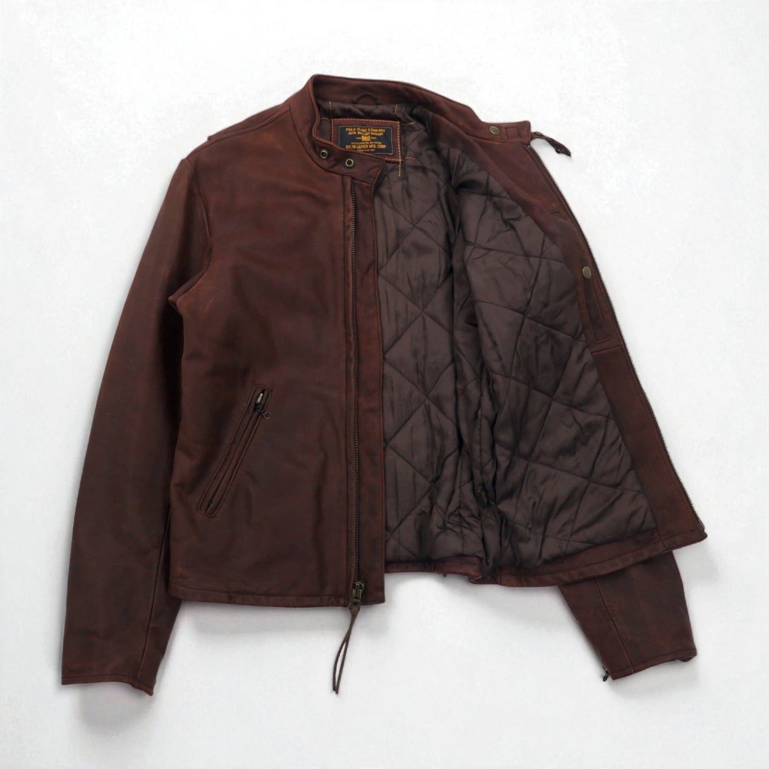 POLO JEANS COMPANY RALPH LAUREN Giacca in pelle da motociclista vintage anni '90, monopetto, taglia L, marrone, con fodera trapuntata