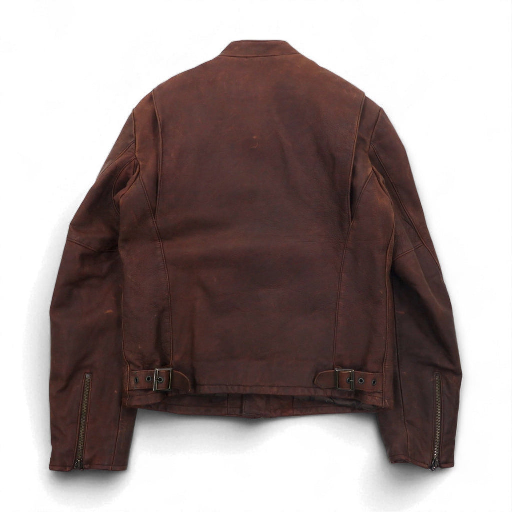 POLO JEANS COMPANY RALPH LAUREN Giacca in pelle da motociclista vintage anni '90, monopetto, taglia L, marrone, con fodera trapuntata