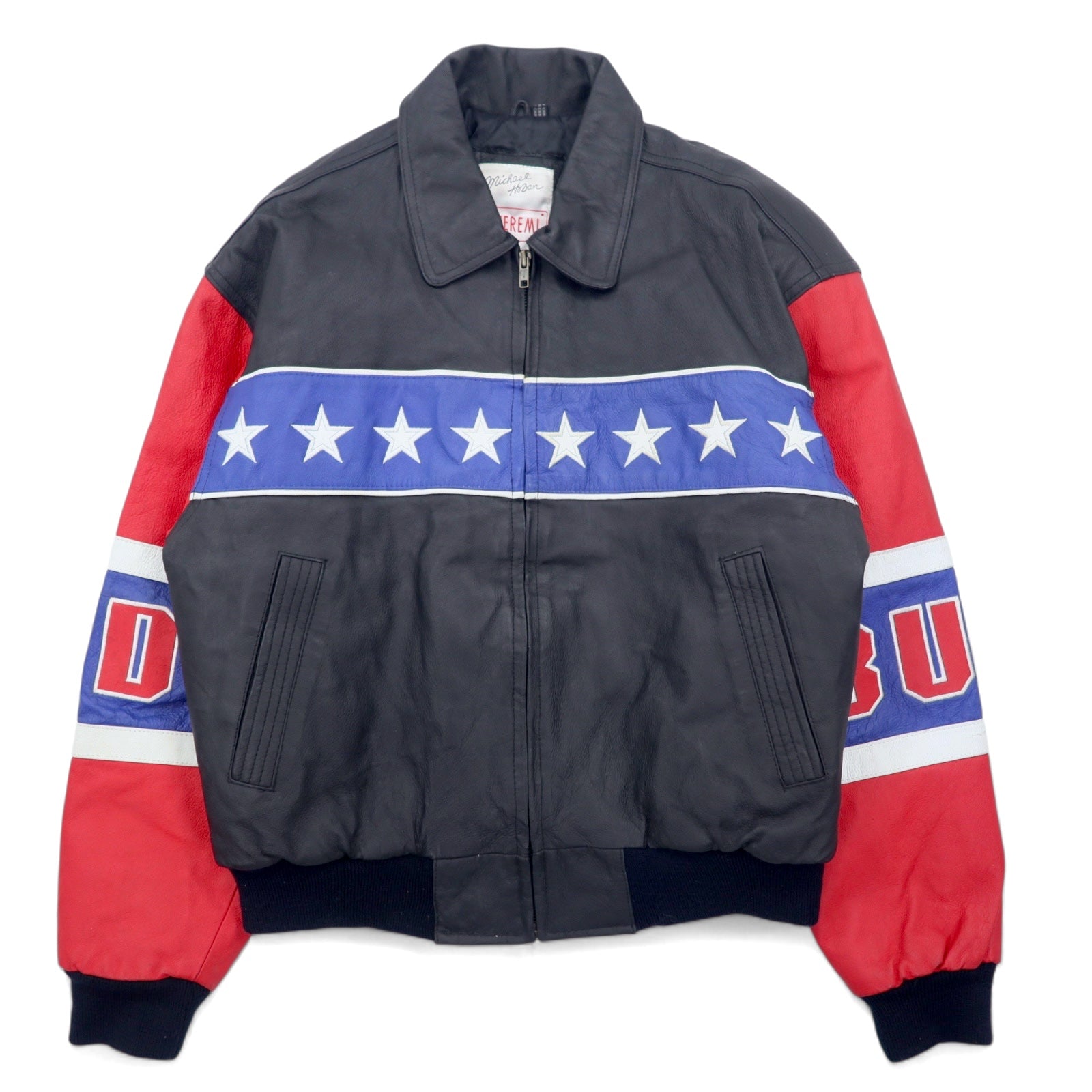 Anni '90 Michael Hoban WHEREMI Giacca in pelle da motociclista singola con bandiera americana, taglia M, colore nero, in pelle BUD