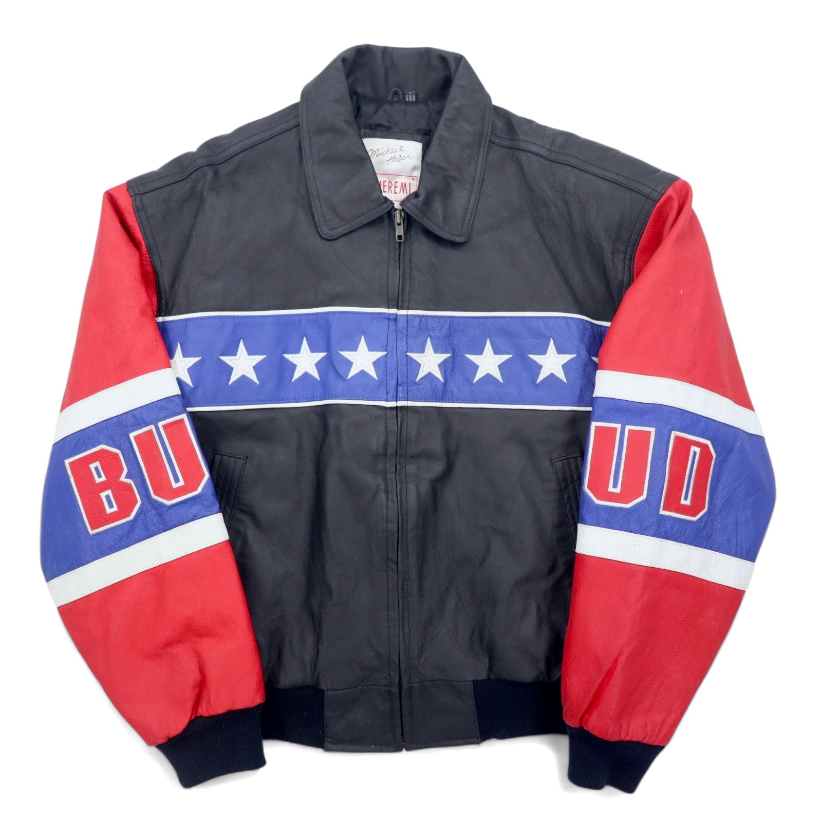 Anni '90 Michael Hoban WHEREMI Giacca in pelle da motociclista singola con bandiera americana, taglia M, colore nero, in pelle BUD