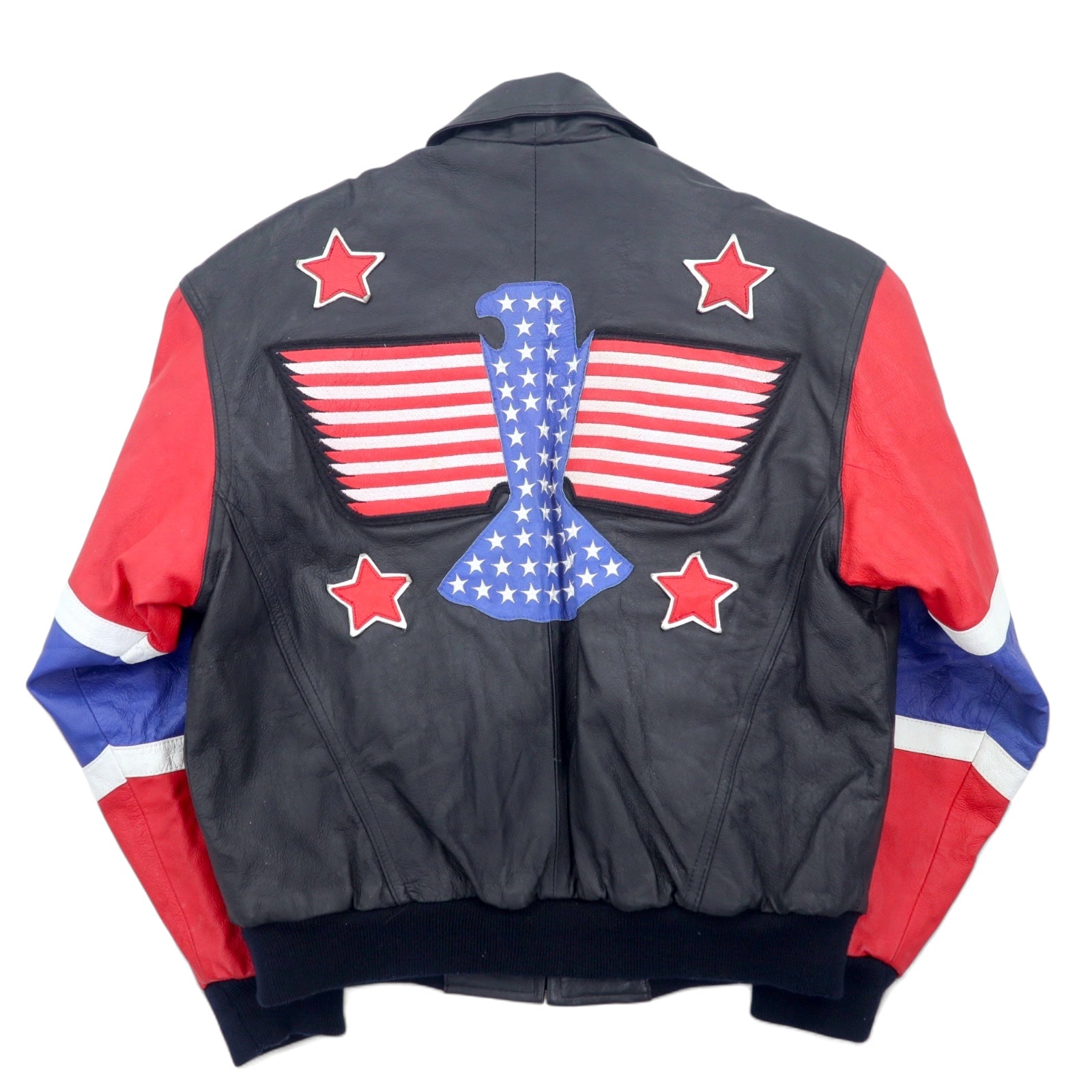 Anni '90 Michael Hoban WHEREMI Giacca in pelle da motociclista singola con bandiera americana, taglia M, colore nero, in pelle BUD