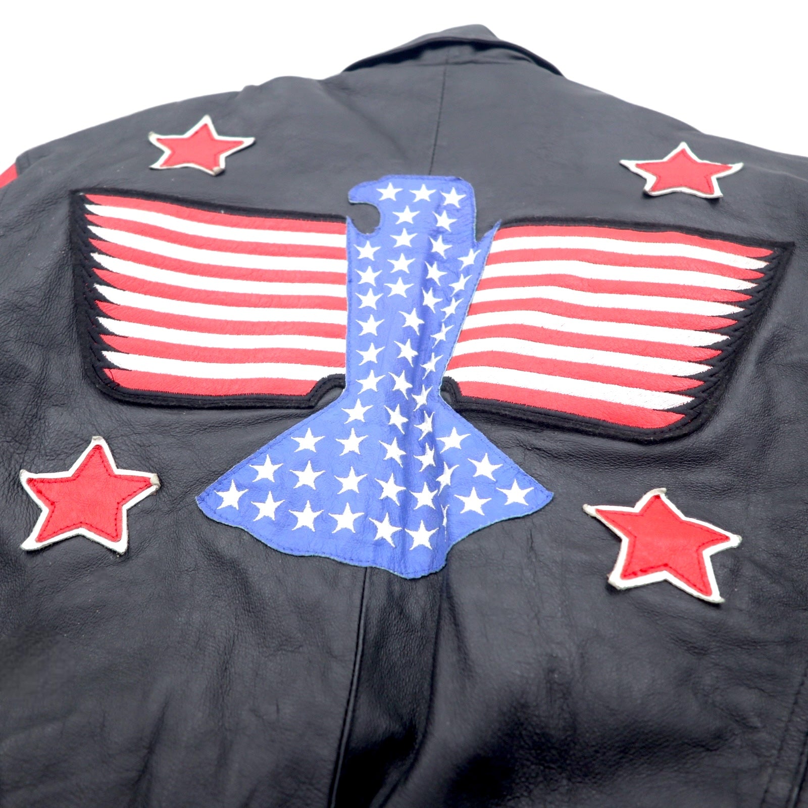 Anni '90 Michael Hoban WHEREMI Giacca in pelle da motociclista singola con bandiera americana, taglia M, colore nero, in pelle BUD