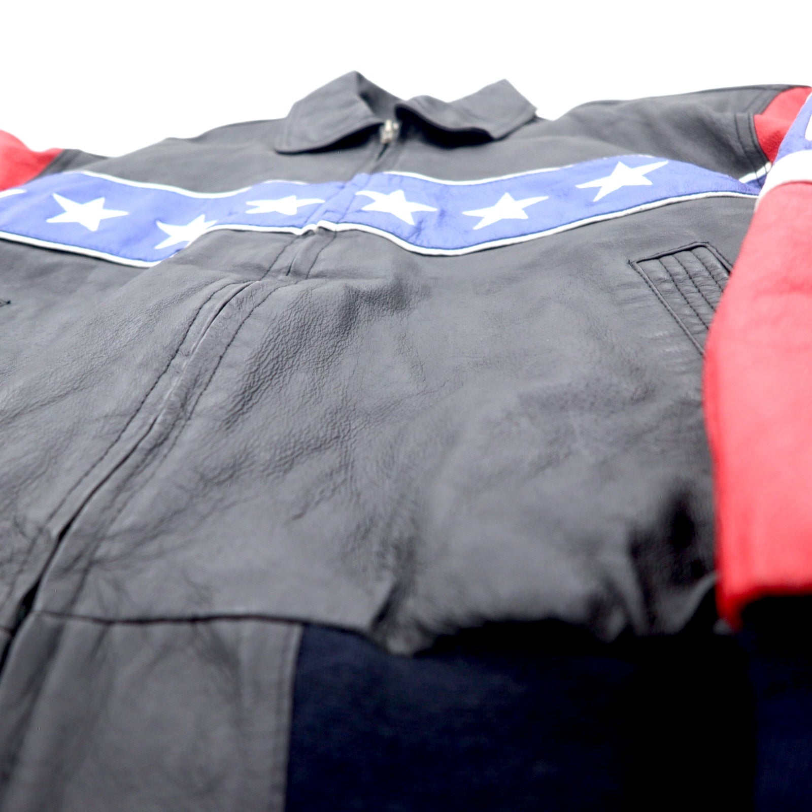 Anni '90 Michael Hoban WHEREMI Giacca in pelle da motociclista singola con bandiera americana, taglia M, colore nero, in pelle BUD