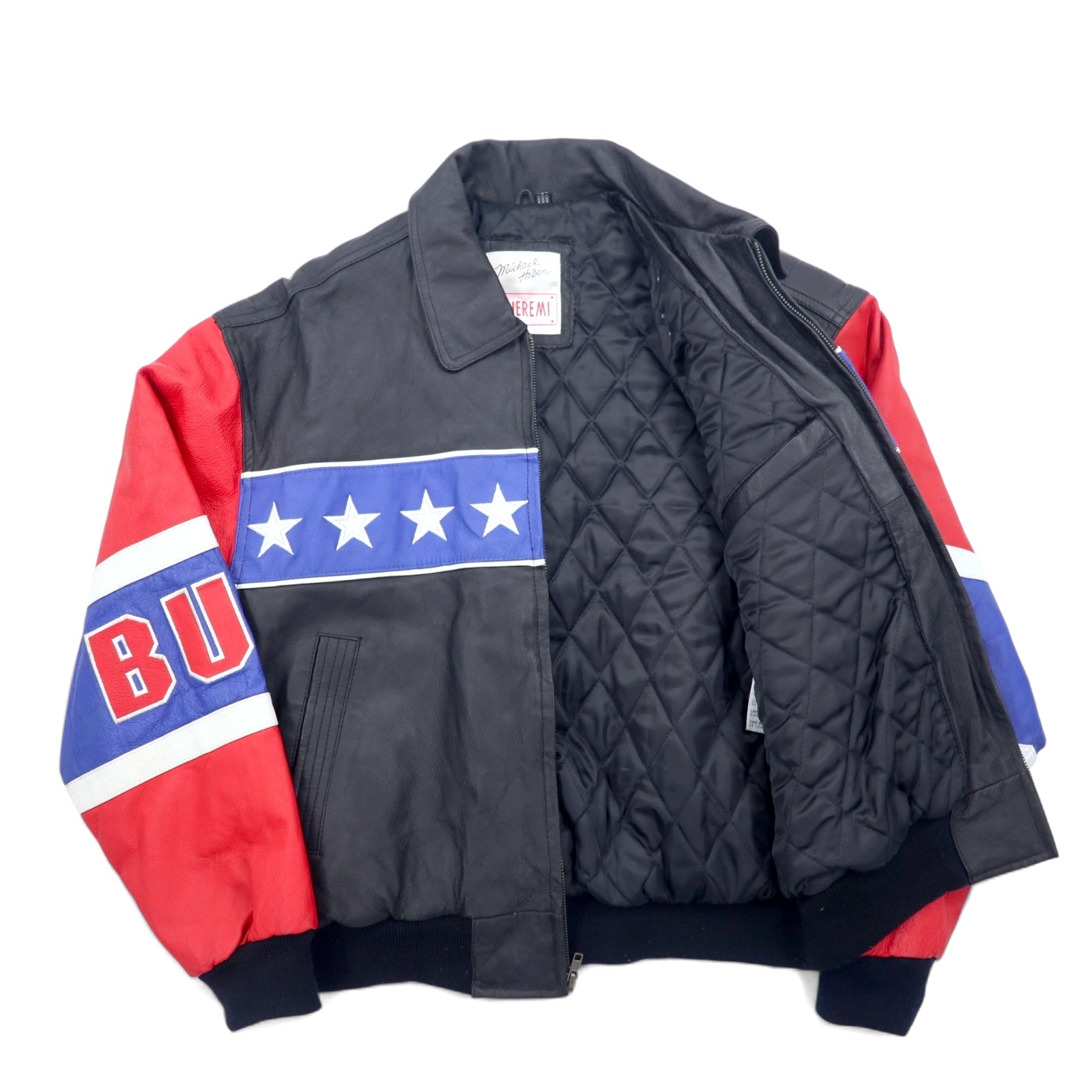 Anni '90 Michael Hoban WHEREMI Giacca in pelle da motociclista singola con bandiera americana, taglia M, colore nero, in pelle BUD