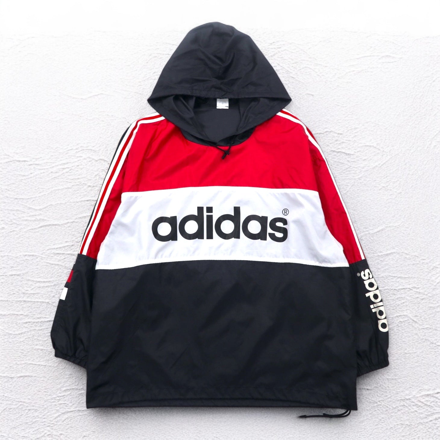 adidas anni '90 Piste pullover nylon hoodie M-L 3 strisce logo stampato su entrambi i lati Made in Japan