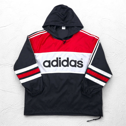 adidas anni '90 Piste pullover nylon hoodie M-L 3 strisce logo stampato su entrambi i lati Made in Japan