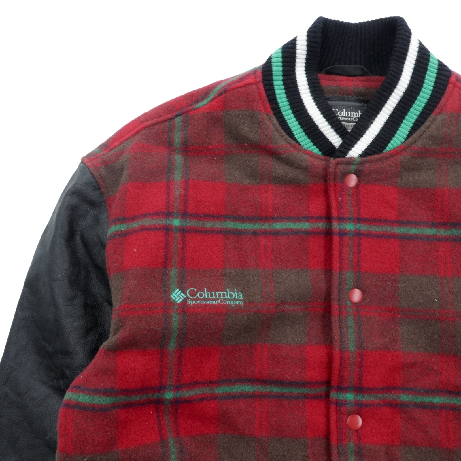 Columbia 00年代 袖レザー スタジャン XL レッド ウール ギルクレスト ジャケット チェック PM3341 XCO 牛革