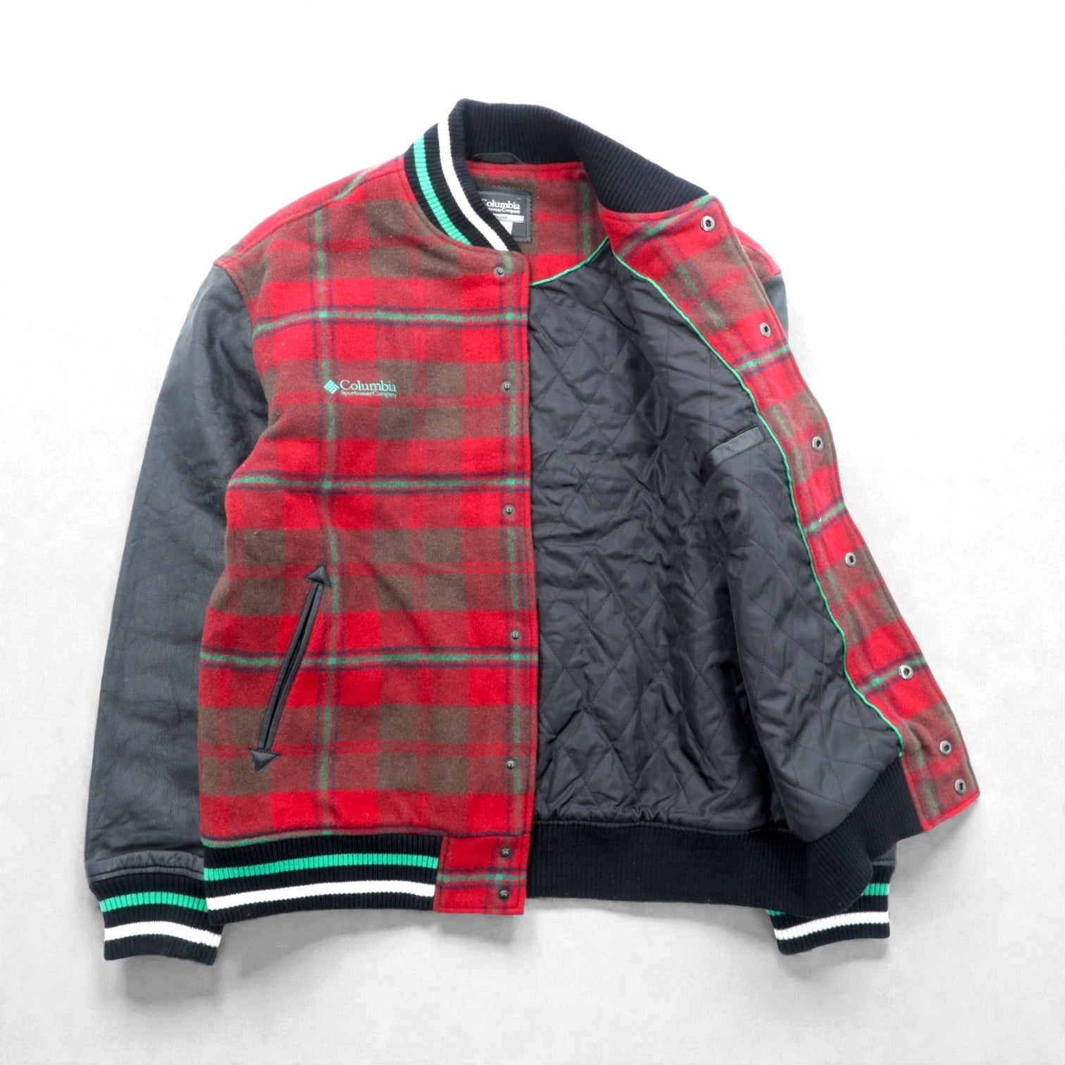 Columbia 00年代 袖レザー スタジャン XL レッド ウール ギルクレスト ジャケット チェック PM3341 XCO 牛革
