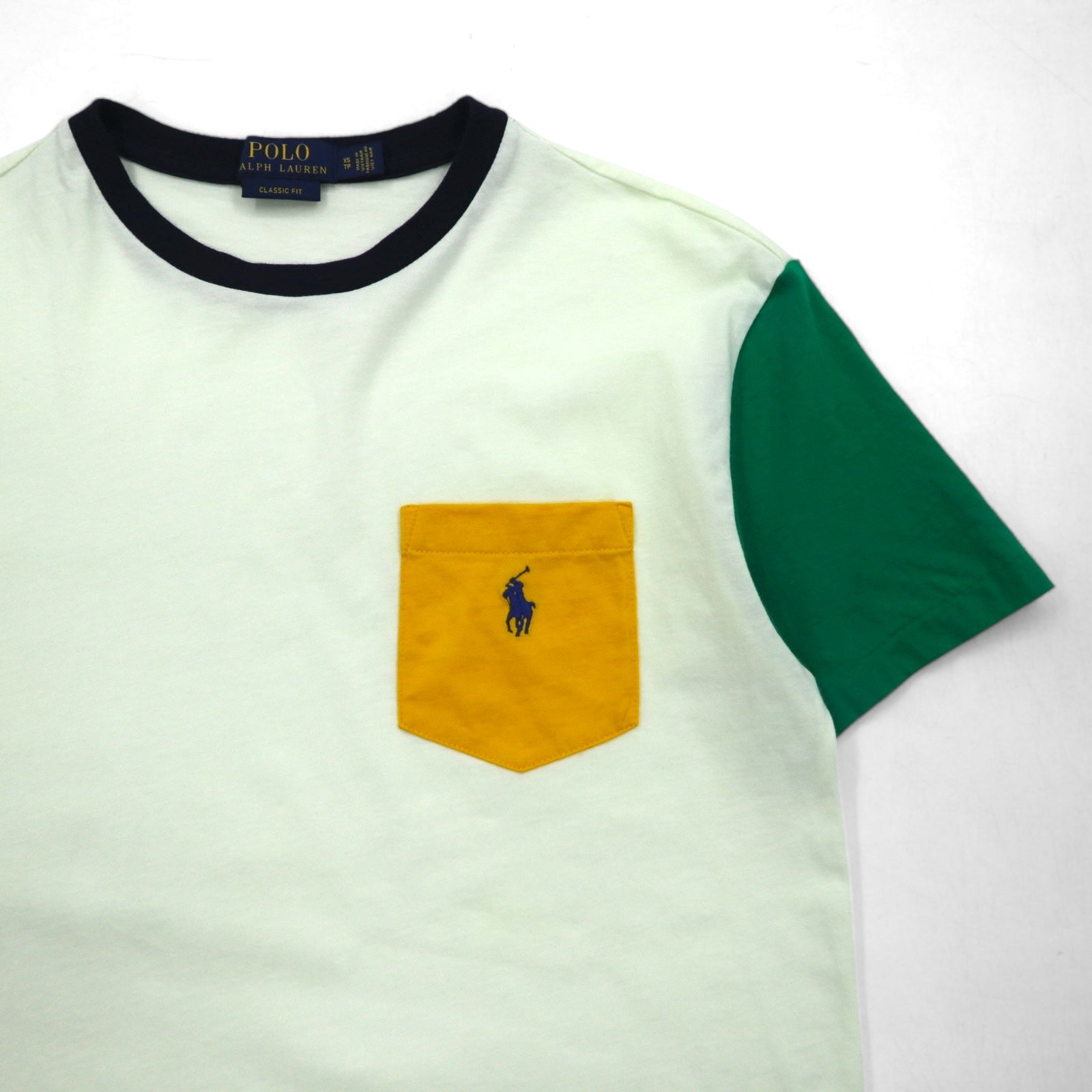 POLO RALPH LAUREN T-shirt con taschino color block, taglia M, bianco, con ricamo piccolo pony