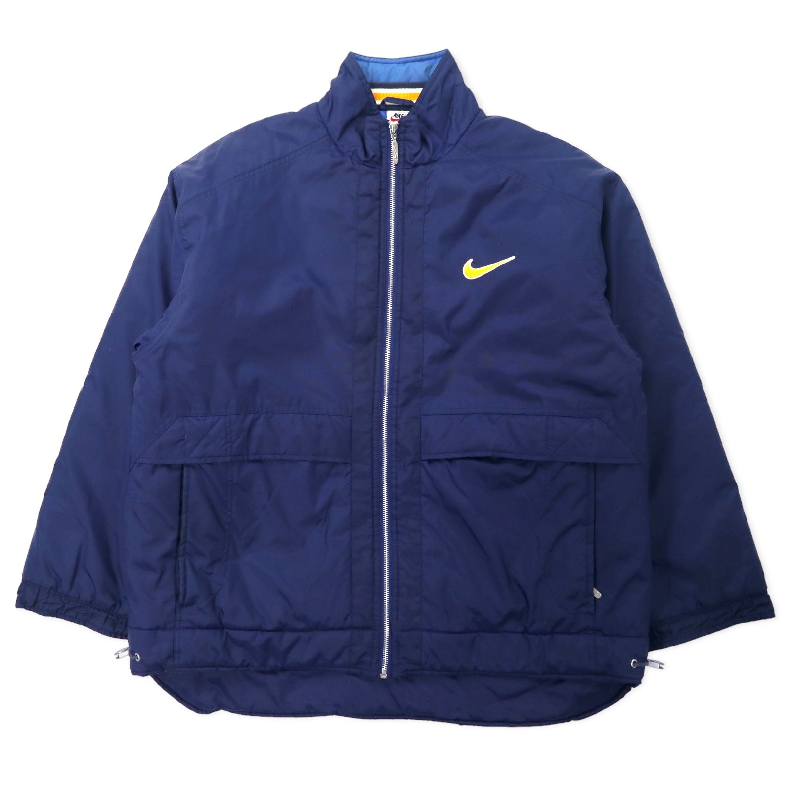 NIKE anni '90 logo Swoosh giacca imbottita in nylon M blu navy, ricamo logo posteriore, fodera trapuntata, etichetta argento