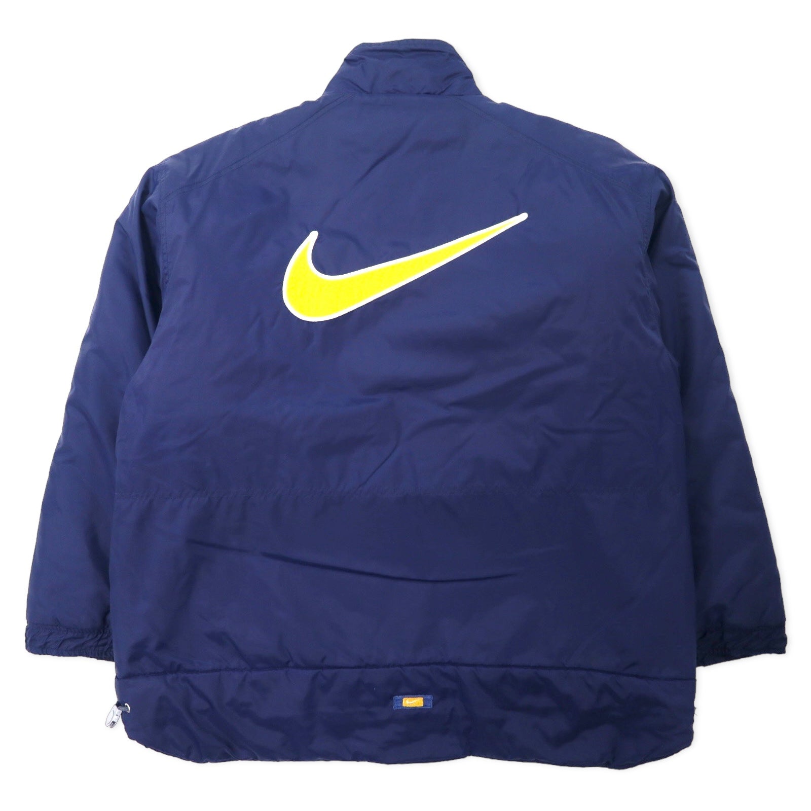 NIKE anni '90 logo Swoosh giacca imbottita in nylon M blu navy, ricamo logo posteriore, fodera trapuntata, etichetta argento