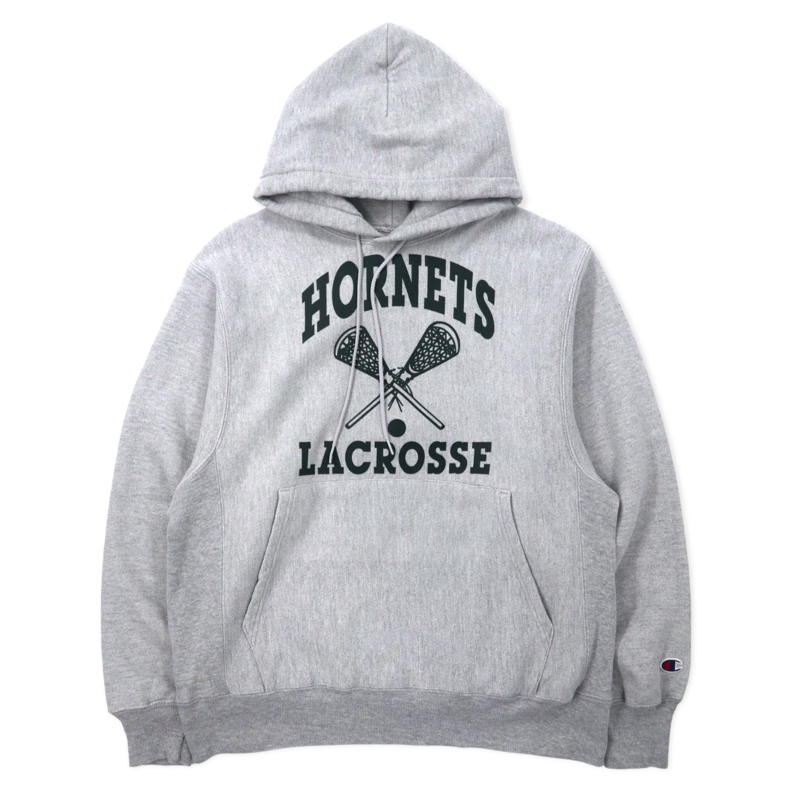 Champion anni 2000 felpa con cappuccio Premium Reverse Weave, taglia M, grigio, cotone, interno felpato, HORNETS LACROSSE, stampa a tre livelli con logo ad arco, PREMIUM REVERSE WEAVE