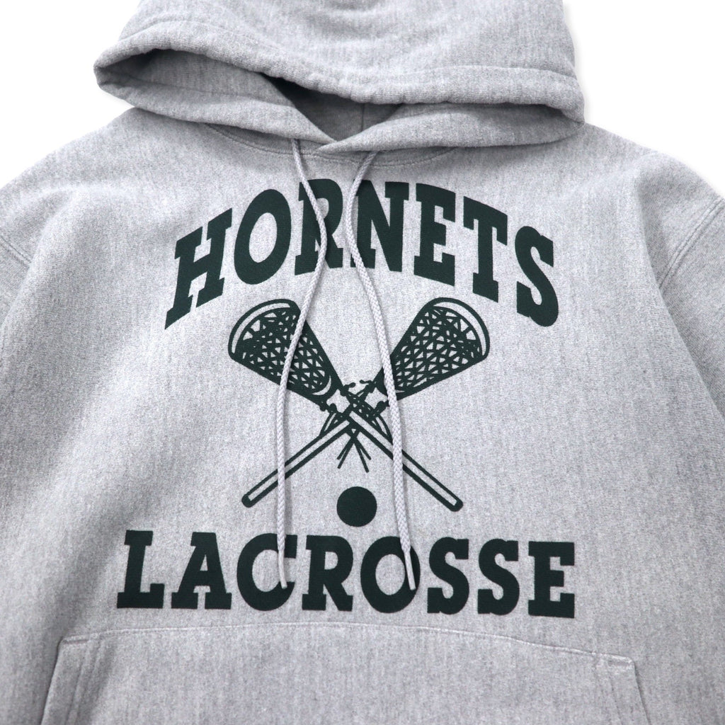 Champion anni 2000 felpa con cappuccio Premium Reverse Weave, taglia M, grigio, cotone, interno felpato, HORNETS LACROSSE, stampa a tre livelli con logo ad arco, PREMIUM REVERSE WEAVE