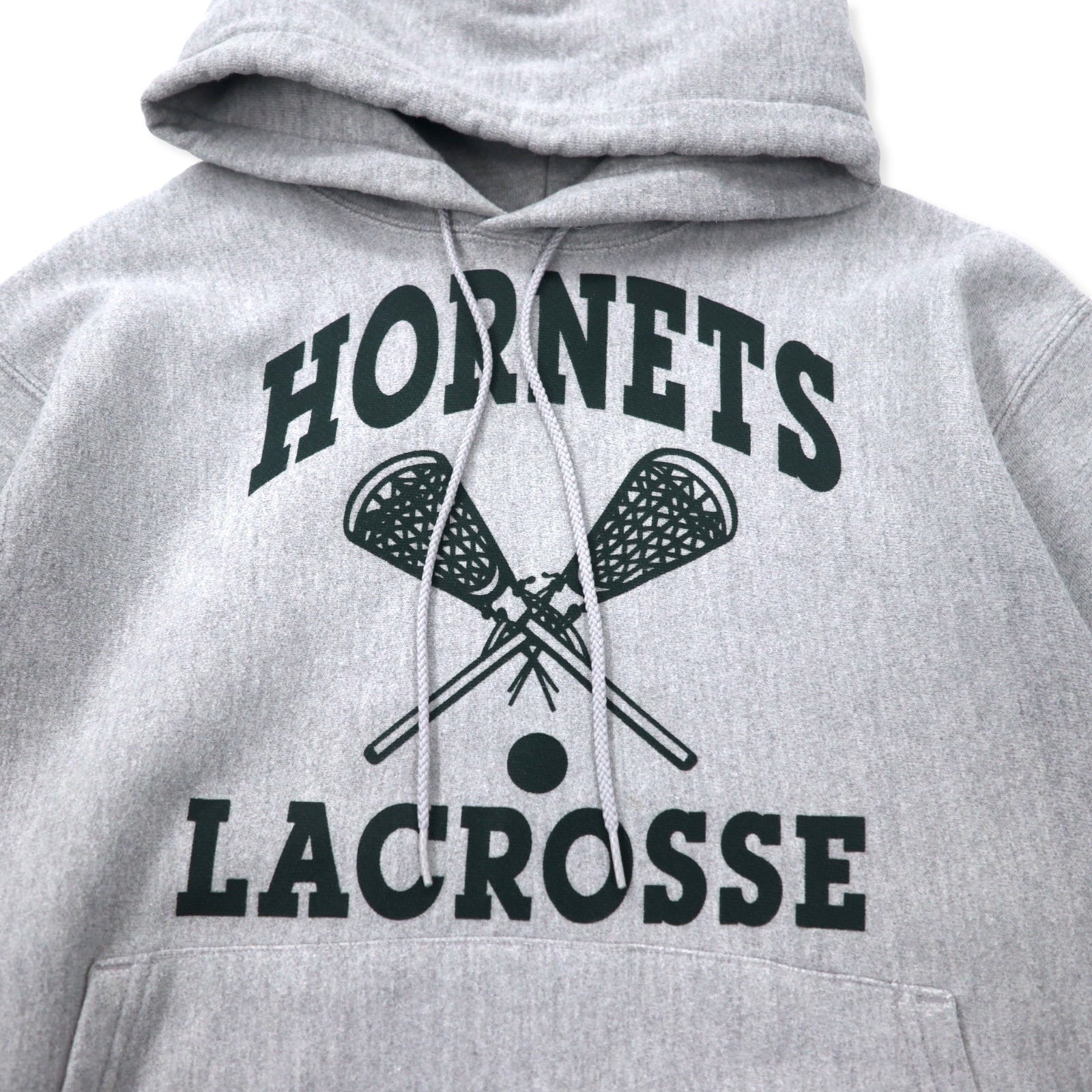 Champion anni 2000 felpa con cappuccio Premium Reverse Weave, taglia M, grigio, cotone, interno felpato, HORNETS LACROSSE, stampa a tre livelli con logo ad arco, PREMIUM REVERSE WEAVE
