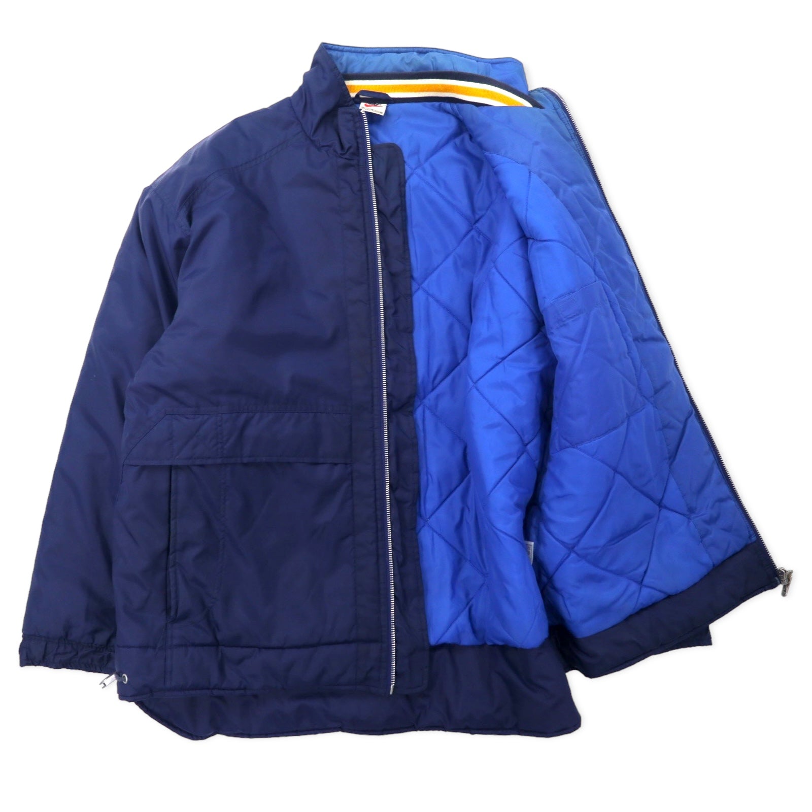 NIKE anni '90 logo Swoosh giacca imbottita in nylon M blu navy, ricamo logo posteriore, fodera trapuntata, etichetta argento