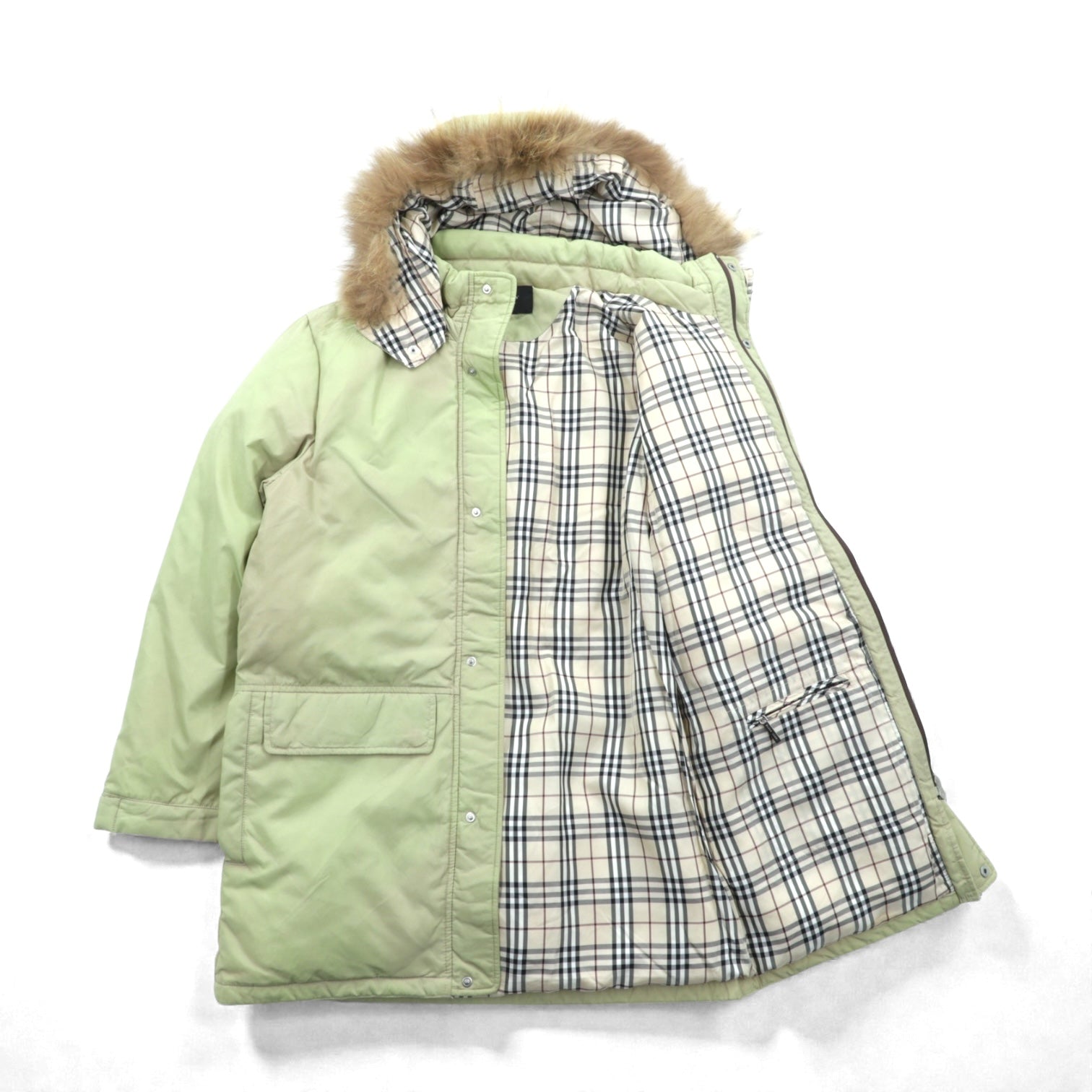 BURBERRY BLACK LABEL ホワイトグース ダウンジャケット M ファー フード着脱 BMP60-320-44 コヨーテファー ホワイトグースダウン 内側ノバチェック