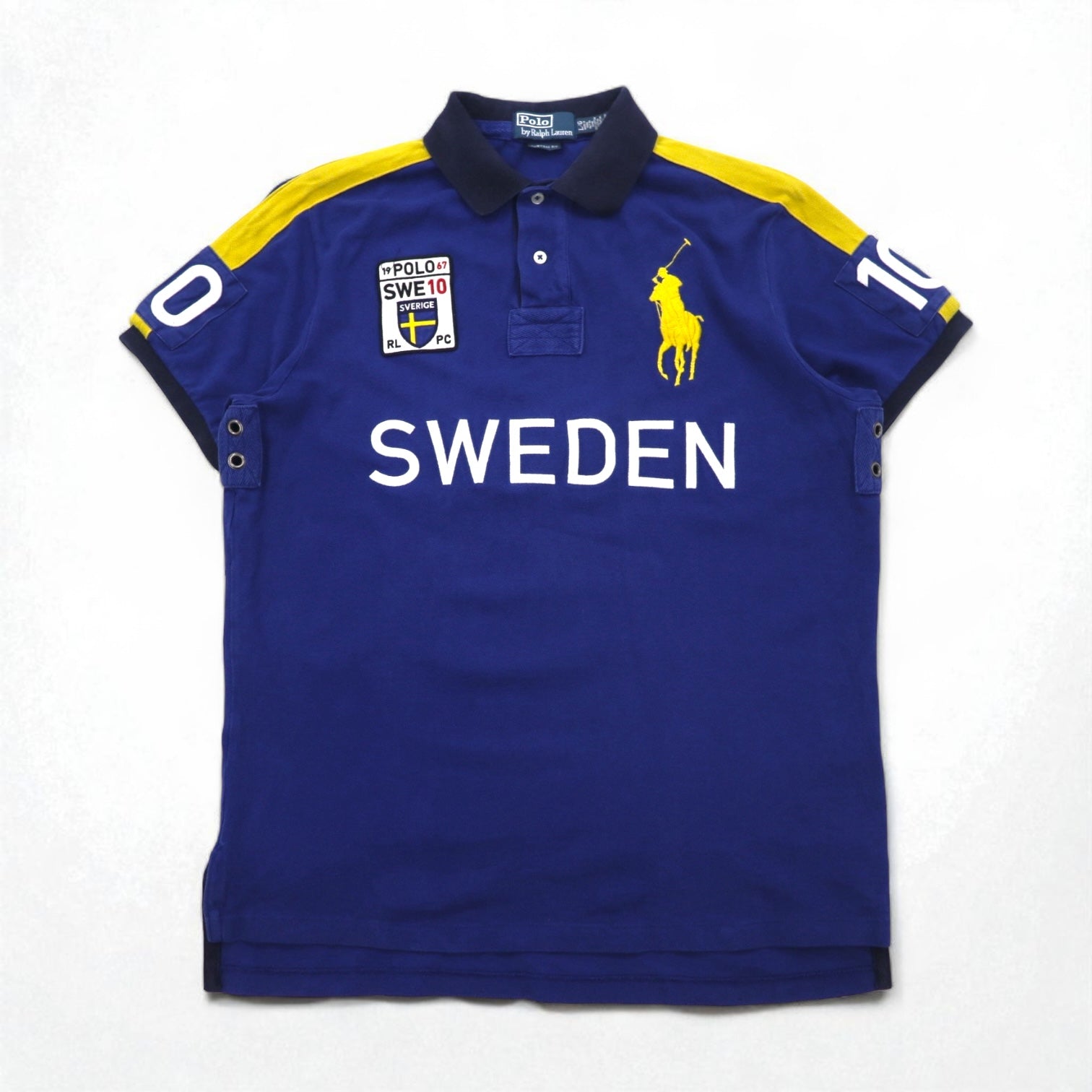 Polo by Ralph Lauren anni '90, polo ricamata a cavallino grande SWEDEN, taglia L, blu, cotone piqué, numerata CUSTOM FIT