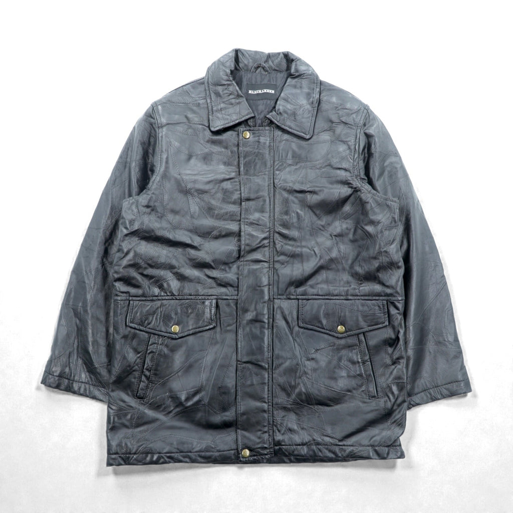 BLACK LEDER ラムレザー ツギハギ パッチワーク ハーフコート L ブラック 比翼 ジップアップ