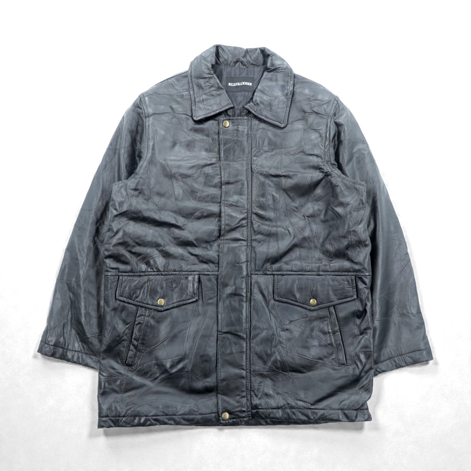 BLACK LEDER ラムレザー ツギハギ パッチワーク ハーフコート L ブラック 比翼 ジップアップ