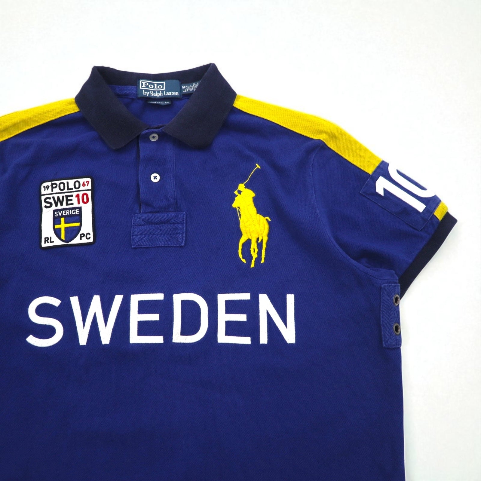 Polo by Ralph Lauren anni '90, polo ricamata a cavallino grande SWEDEN, taglia L, blu, cotone piqué, numerata CUSTOM FIT