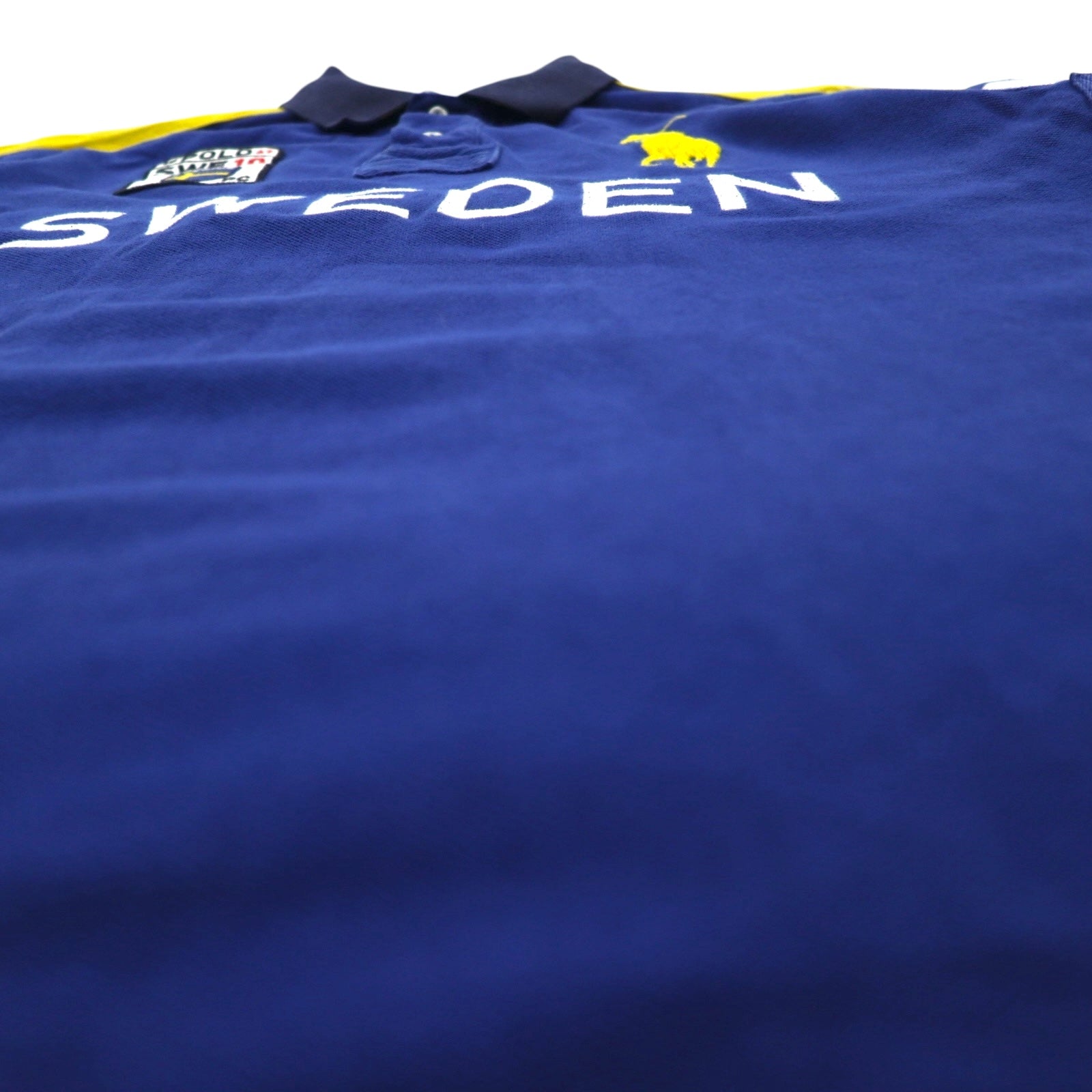 Polo by Ralph Lauren anni '90, polo ricamata a cavallino grande SWEDEN, taglia L, blu, cotone piqué, numerata CUSTOM FIT