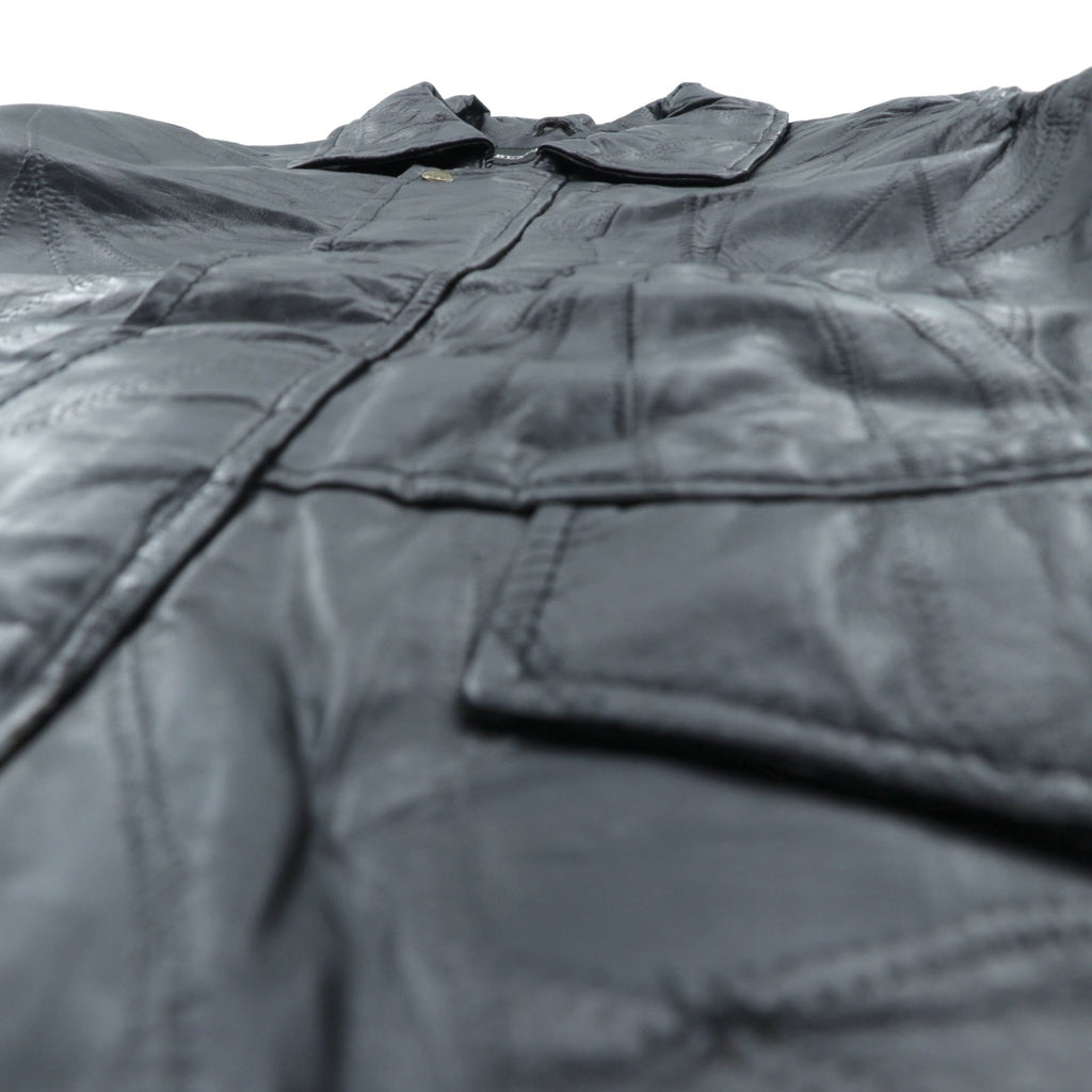 BLACK LEDER ラムレザー ツギハギ パッチワーク ハーフコート L ブラック 比翼 ジップアップ