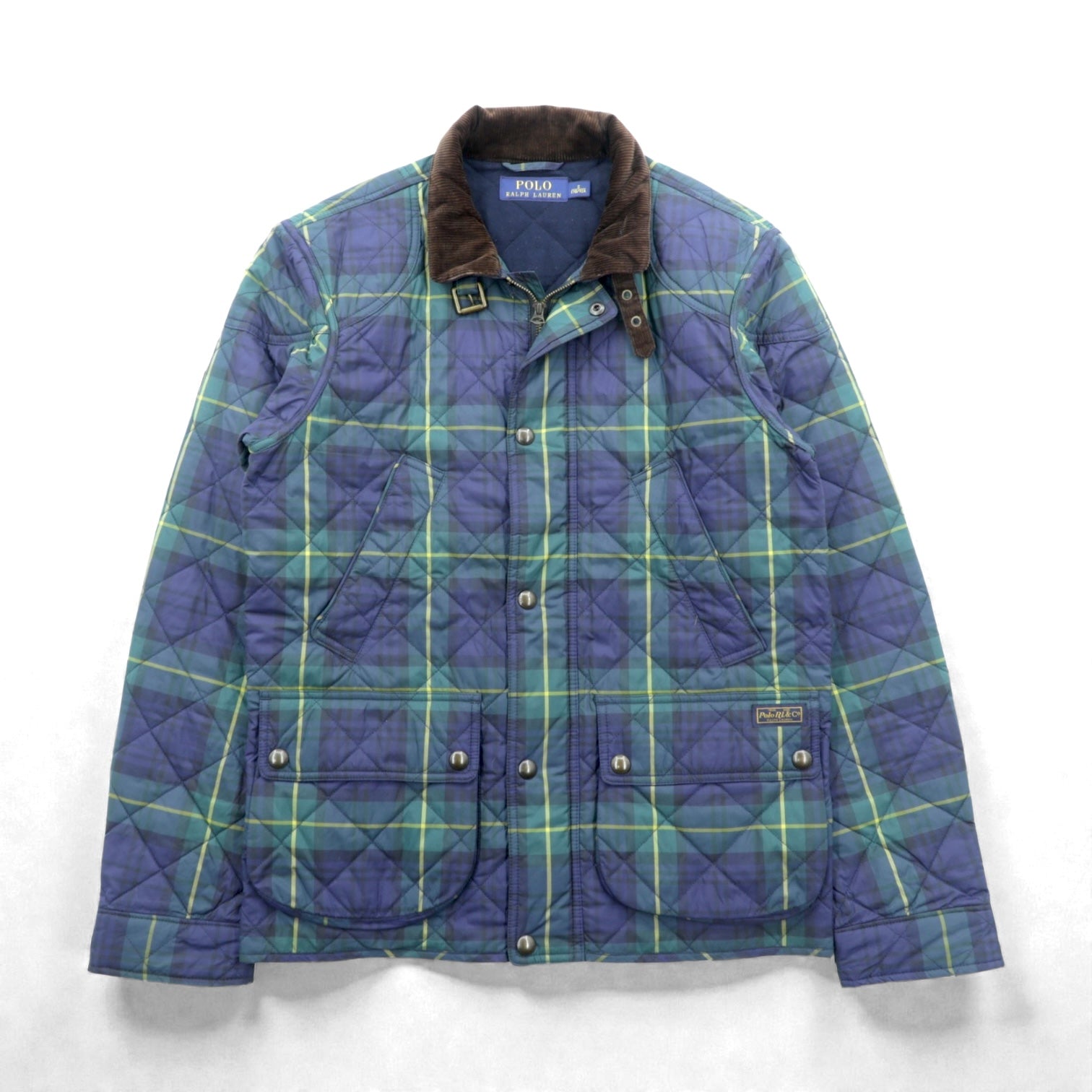 Polo Ralph Lauren ブラックウォッチ キルティングジャケット M グリーン チェック 襟コーデュロイ チンストラップ