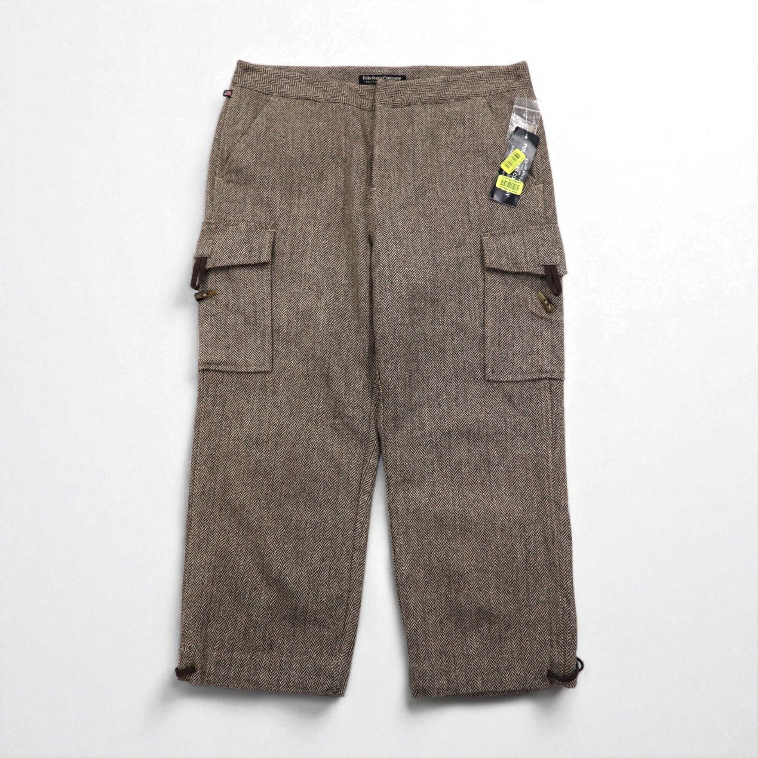 POLO JEANS COMPANY RALPH LAUREN Pantaloni cropped ampi in tweed anni '90, taglia M, marroni, in lana spigata CITY TWEED, mai usati