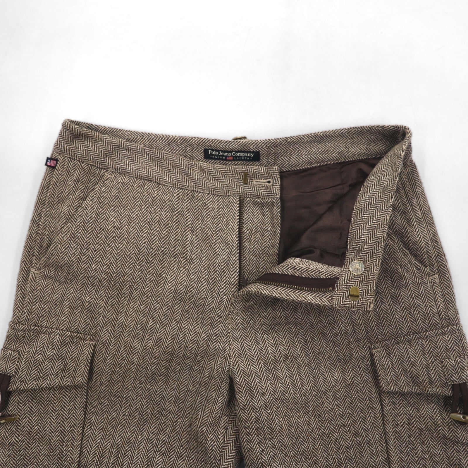 POLO JEANS COMPANY RALPH LAUREN Pantaloni cropped ampi in tweed anni '90, taglia M, marroni, in lana spigata CITY TWEED, mai usati