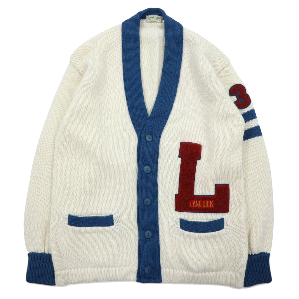 Cardigan vintage LANG DICK anni '90 con scritte, taglia L, color crema, in lana, con applicazioni, made in Japan