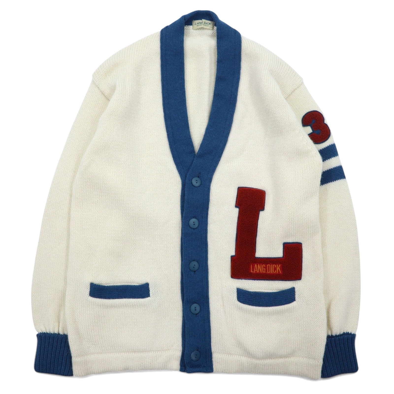 Cardigan vintage LANG DICK anni '90 con scritte, taglia L, color crema, in lana, con applicazioni, made in Japan