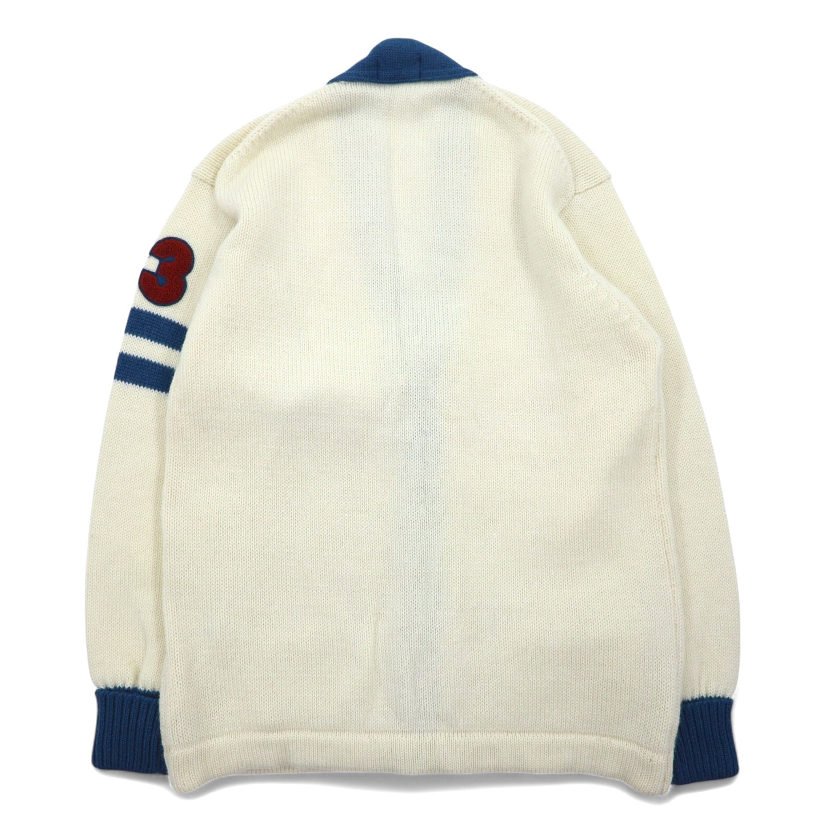 Cardigan vintage LANG DICK anni '90 con scritte, taglia L, color crema, in lana, con applicazioni, made in Japan