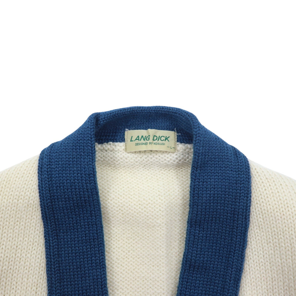 Cardigan vintage LANG DICK anni '90 con scritte, taglia L, color crema, in lana, con applicazioni, made in Japan