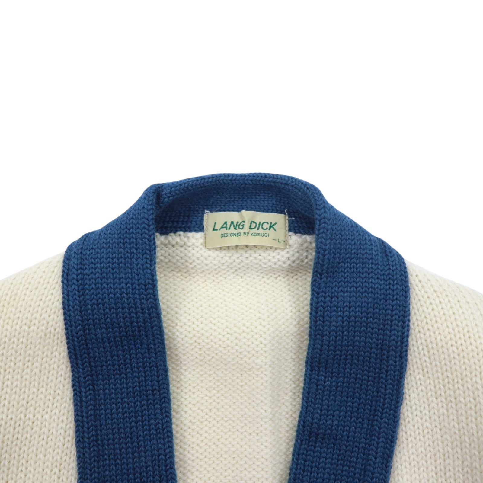 Cardigan vintage LANG DICK anni '90 con scritte, taglia L, color crema, in lana, con applicazioni, made in Japan