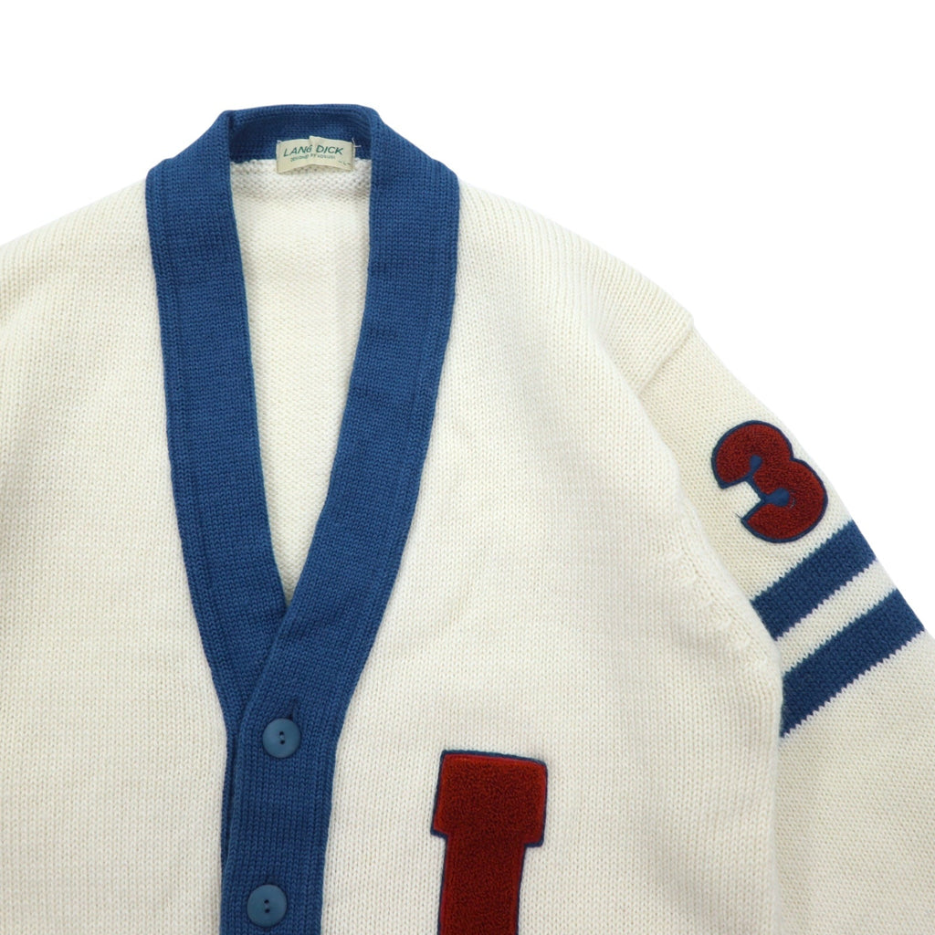 Cardigan vintage LANG DICK anni '90 con scritte, taglia L, color crema, in lana, con applicazioni, made in Japan