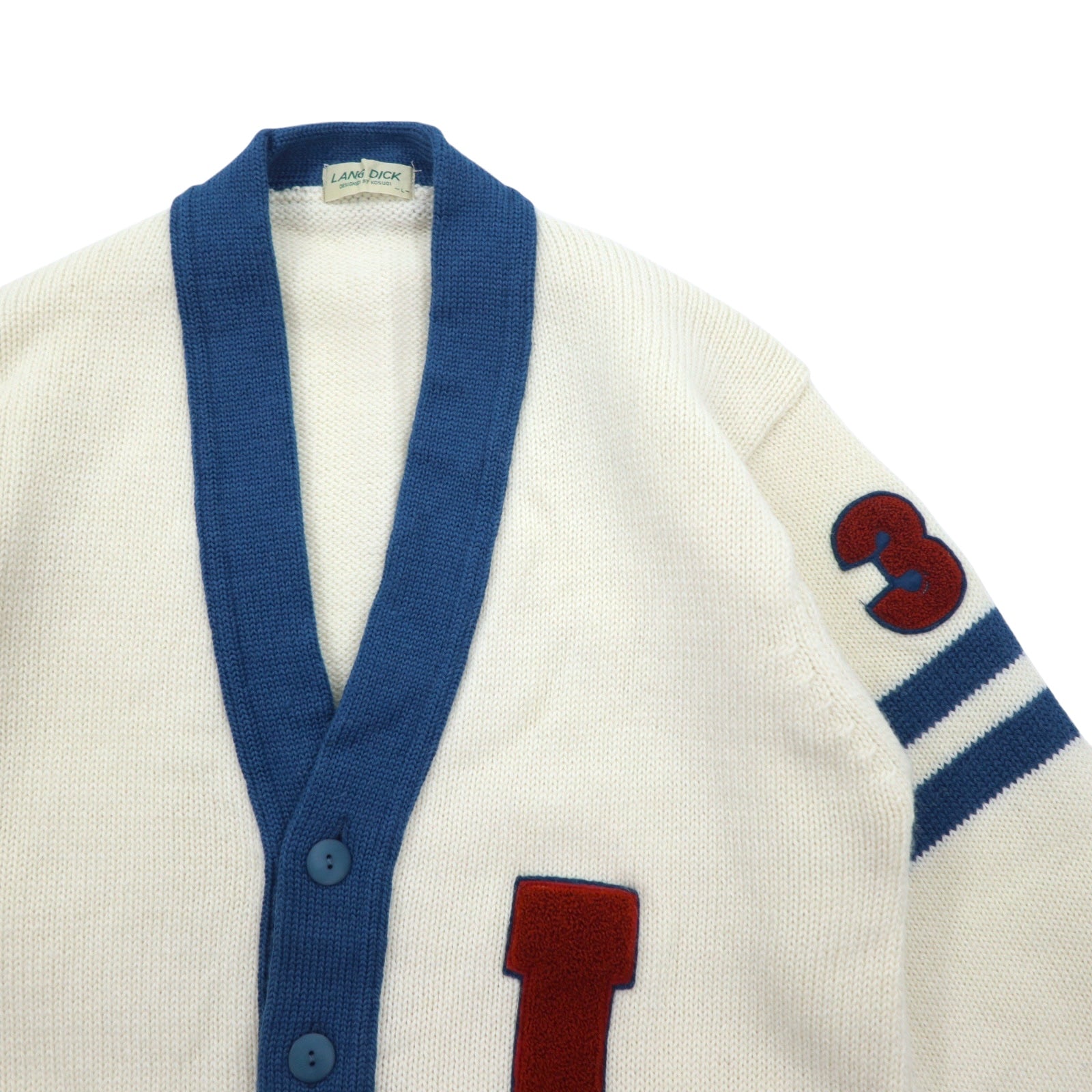 Cardigan vintage LANG DICK anni '90 con scritte, taglia L, color crema, in lana, con applicazioni, made in Japan