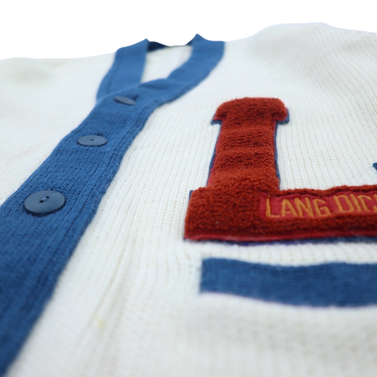 Cardigan vintage LANG DICK anni '90 con scritte, taglia L, color crema, in lana, con applicazioni, made in Japan