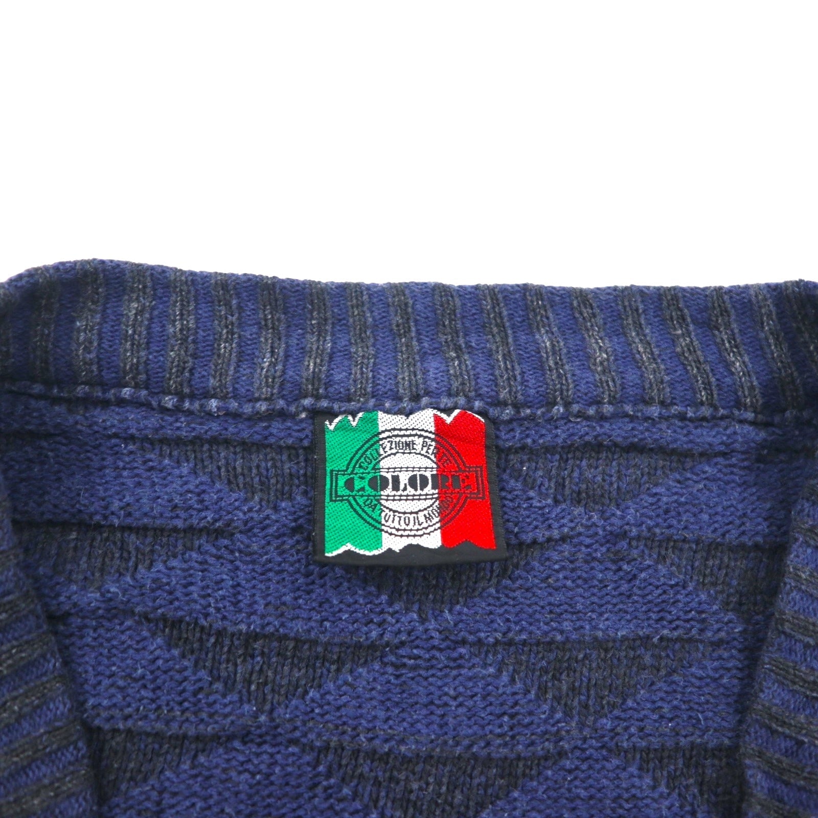 90s Italy Vintage Cardigan COLORE 90年代 ジャガード カーディガン 3D ニット XL ネイビー