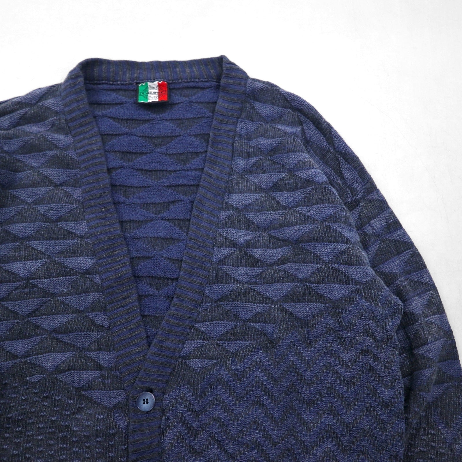 90s Italy Vintage Cardigan COLORE 90年代 ジャガード カーディガン 3D ニット XL ネイビー