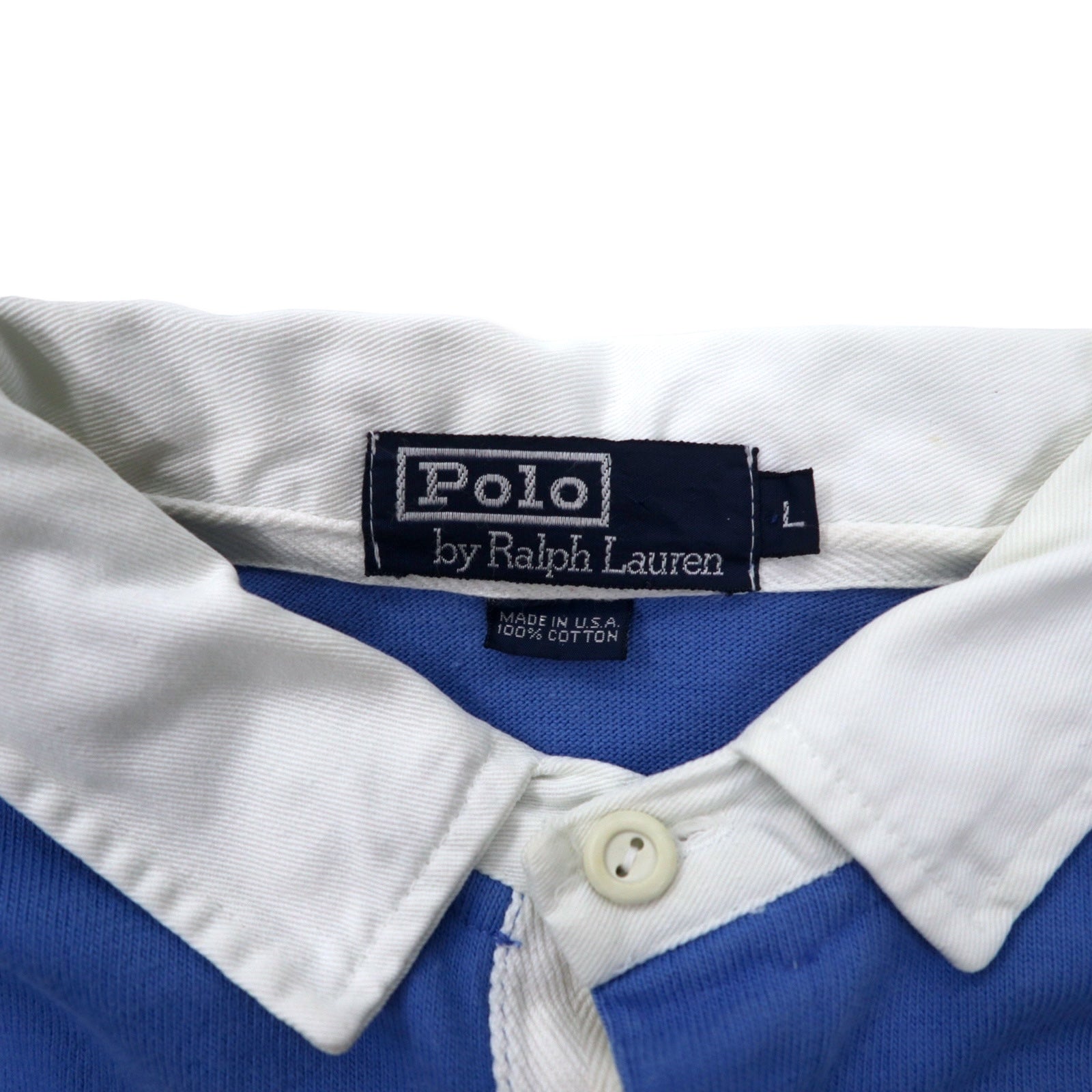 Polo by Ralph Lauren maglietta rugby a righe made in USA, taglia L, blu e gialla, cotone, ricamo piccolo pony
