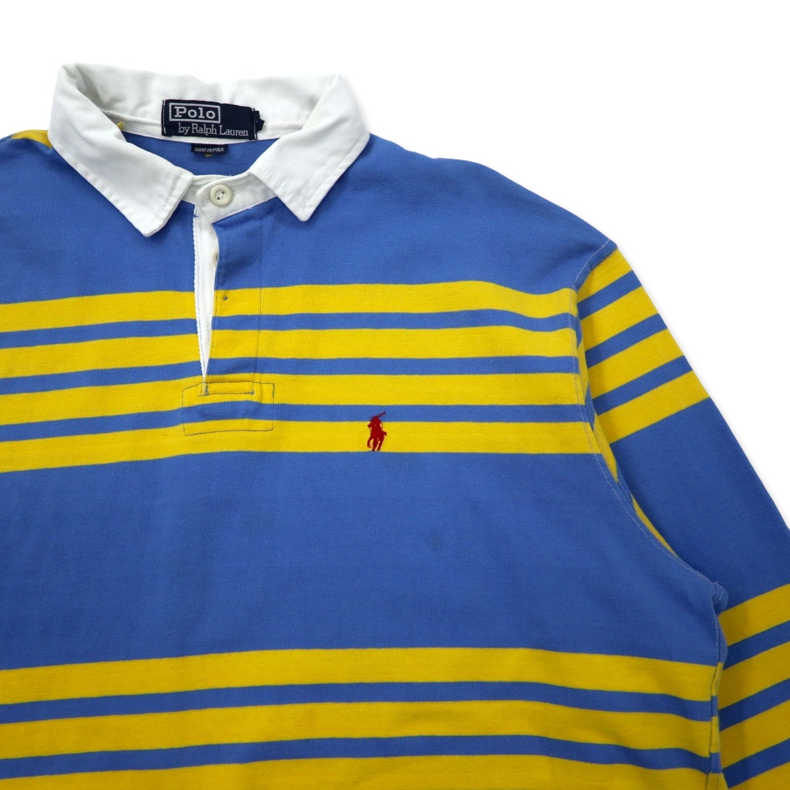 Polo by Ralph Lauren maglietta rugby a righe made in USA, taglia L, blu e gialla, cotone, ricamo piccolo pony