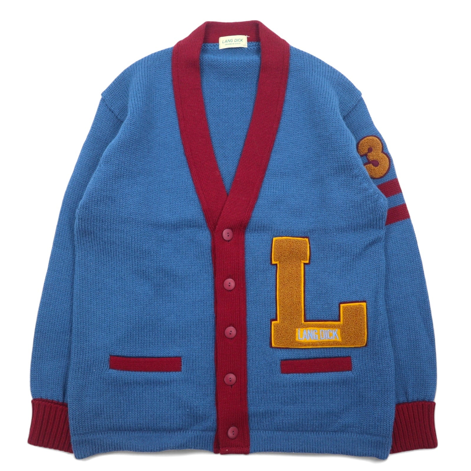 Cardigan anni '90 LANG DICK con lettere, taglia L, blu navy, in lana, con toppe, made in Japan.