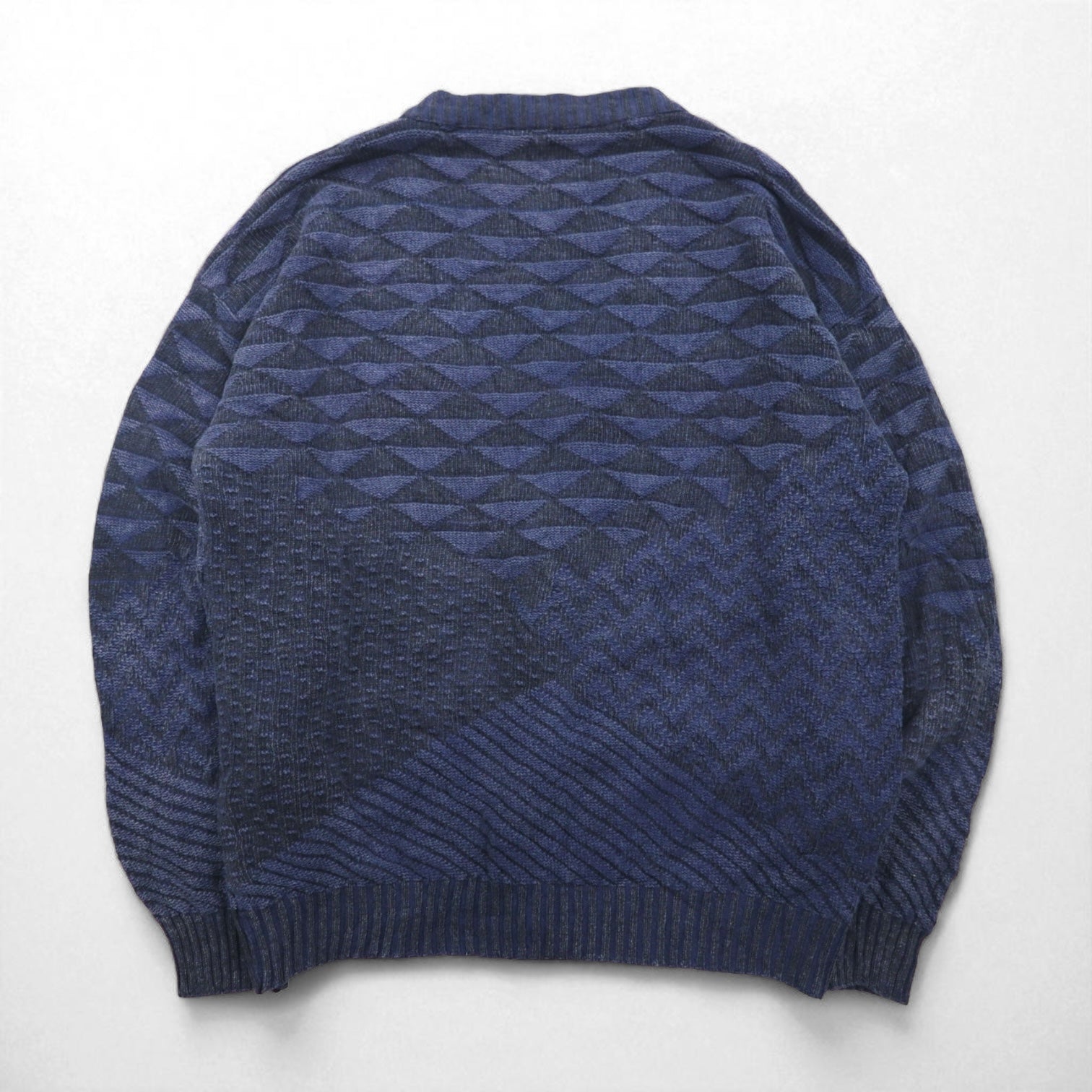 90s Italy Vintage Cardigan COLORE 90年代 ジャガード カーディガン 3D ニット XL ネイビー