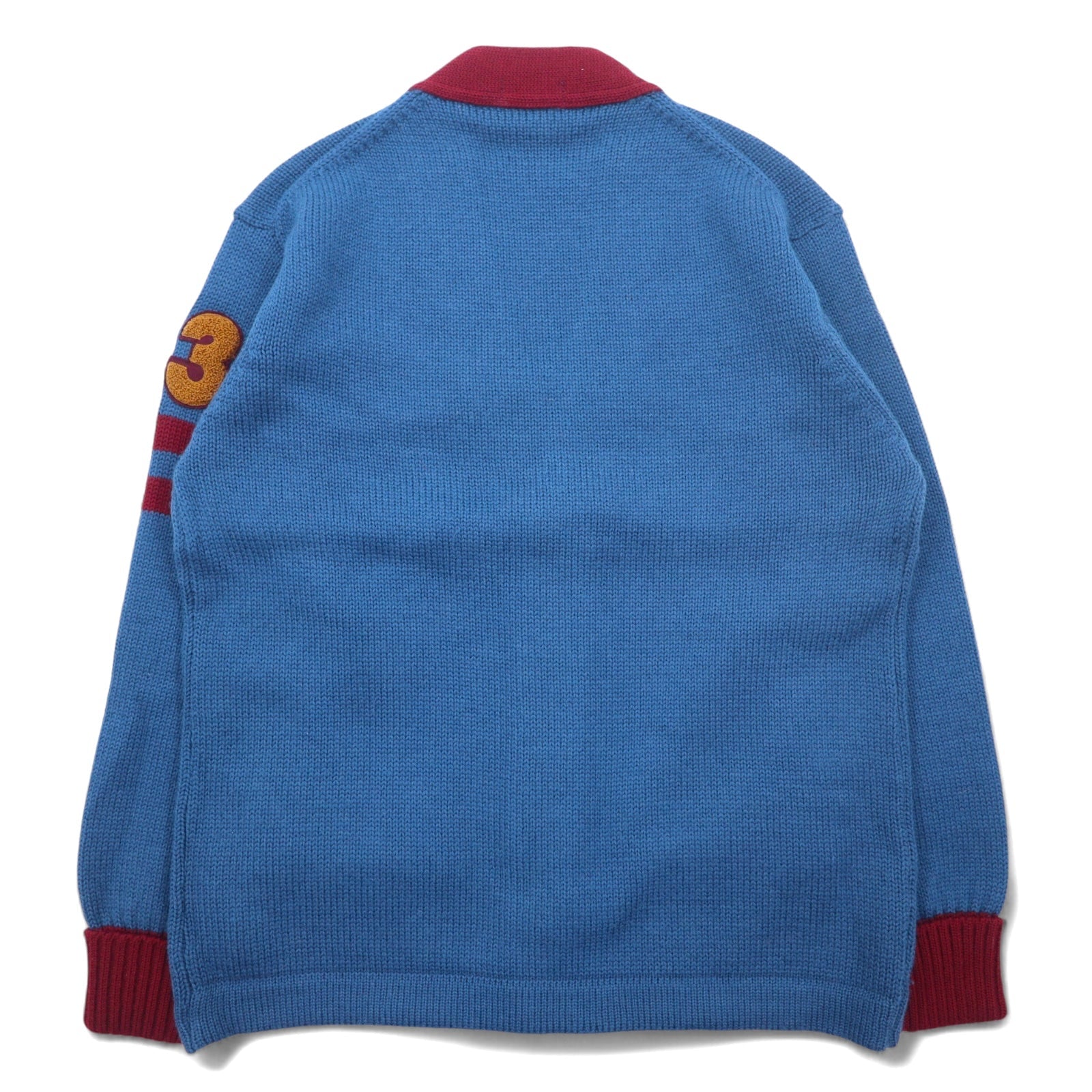 Cardigan anni '90 LANG DICK con lettere, taglia L, blu navy, in lana, con toppe, made in Japan.