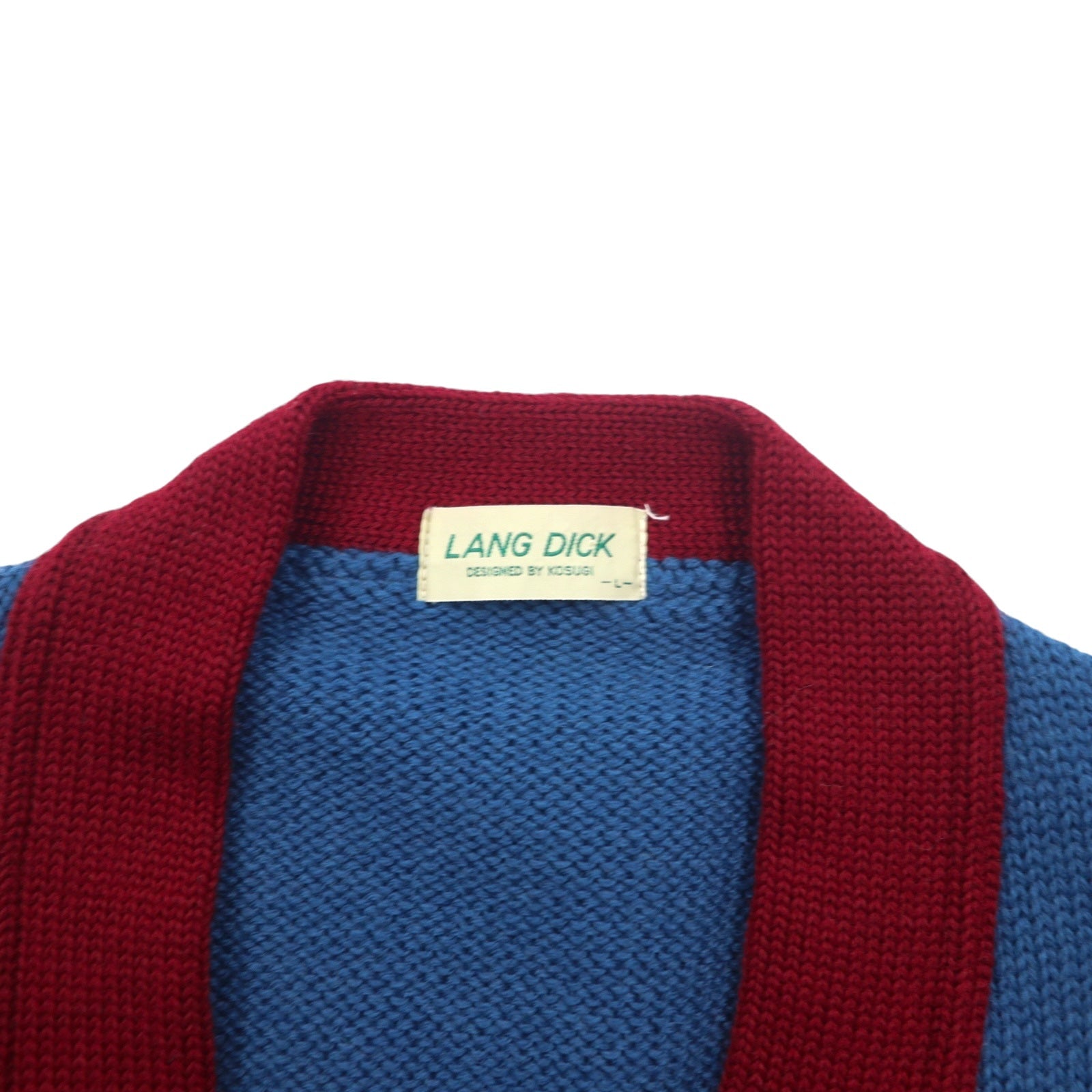 Cardigan anni '90 LANG DICK con lettere, taglia L, blu navy, in lana, con toppe, made in Japan.