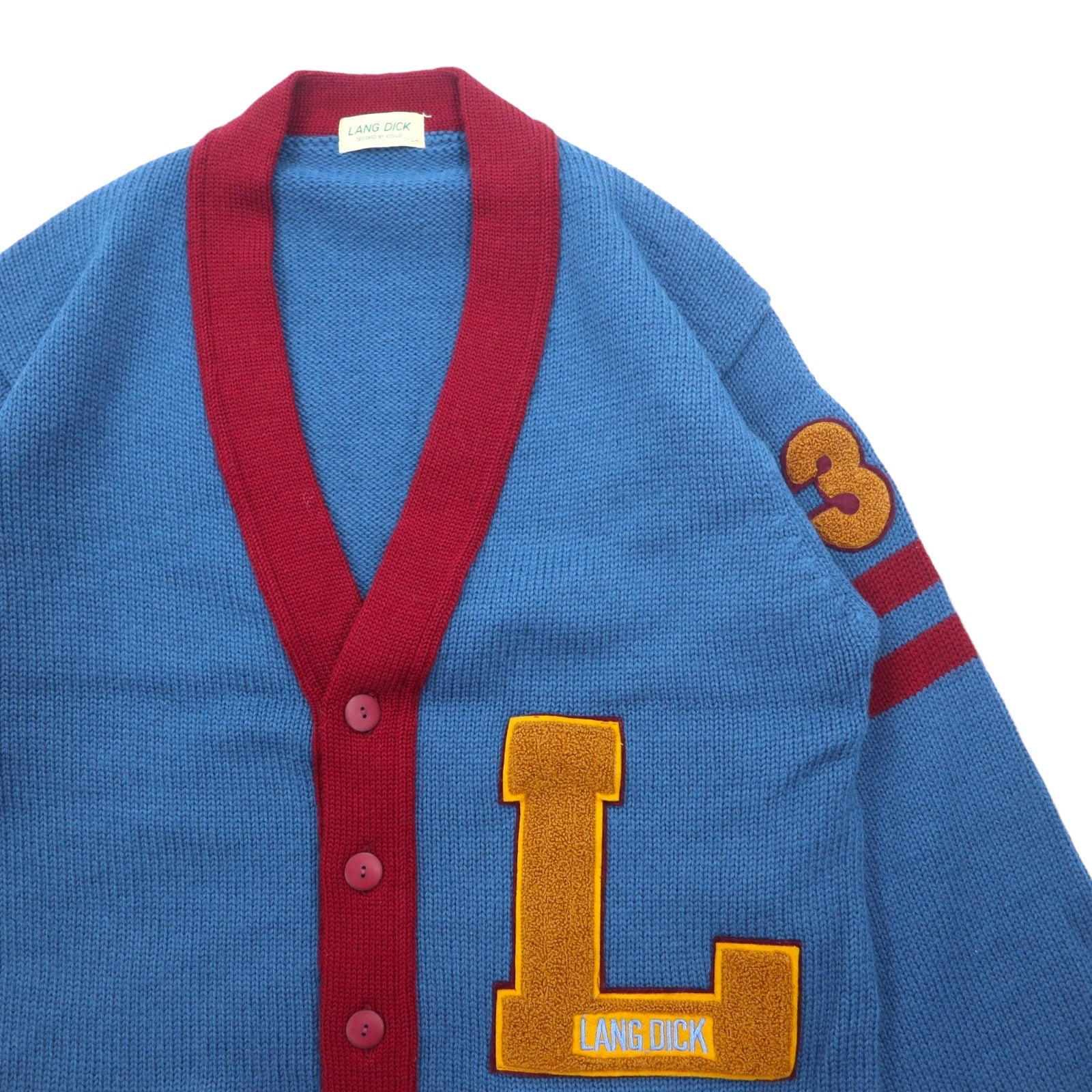 Cardigan anni '90 LANG DICK con lettere, taglia L, blu navy, in lana, con toppe, made in Japan.