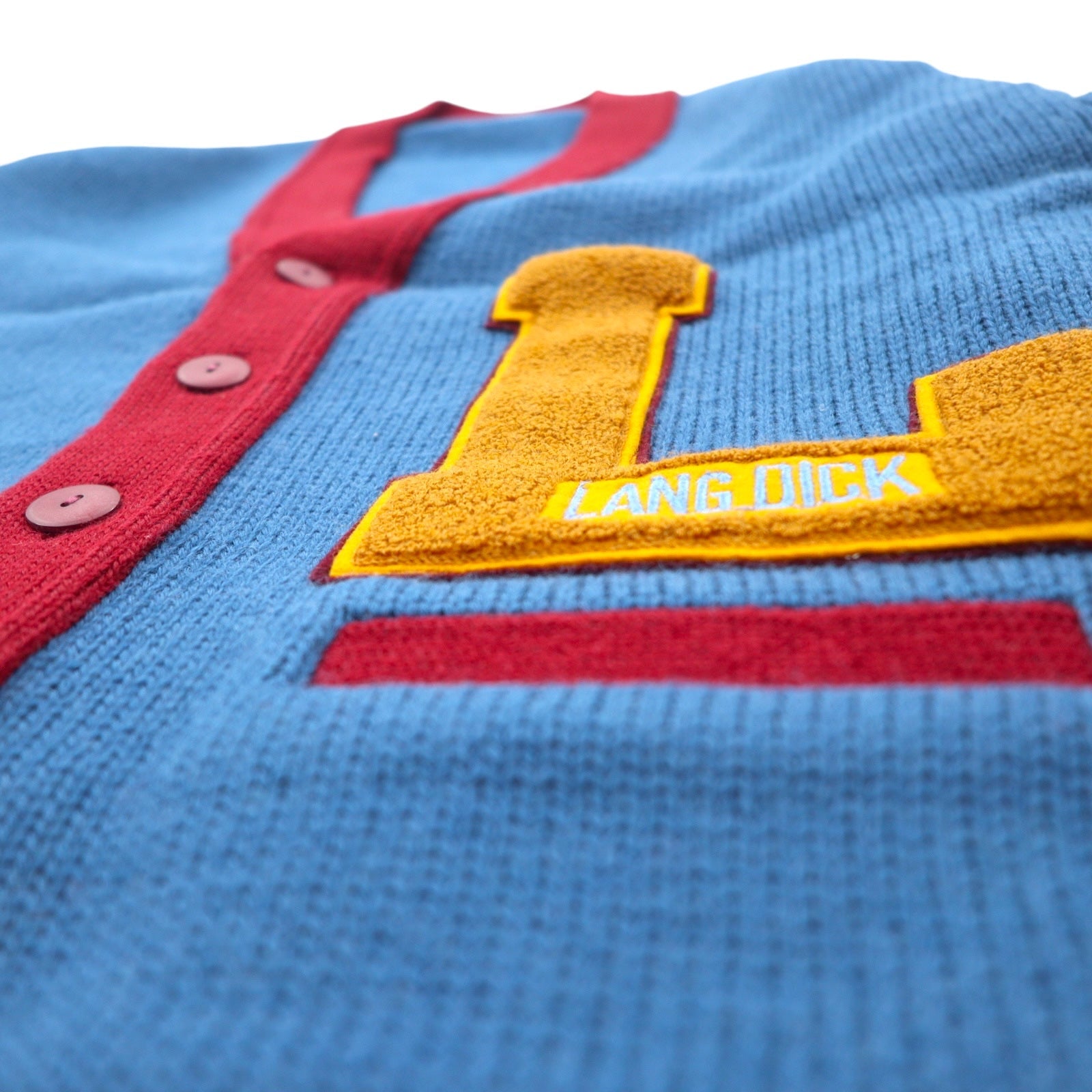 Cardigan anni '90 LANG DICK con lettere, taglia L, blu navy, in lana, con toppe, made in Japan.
