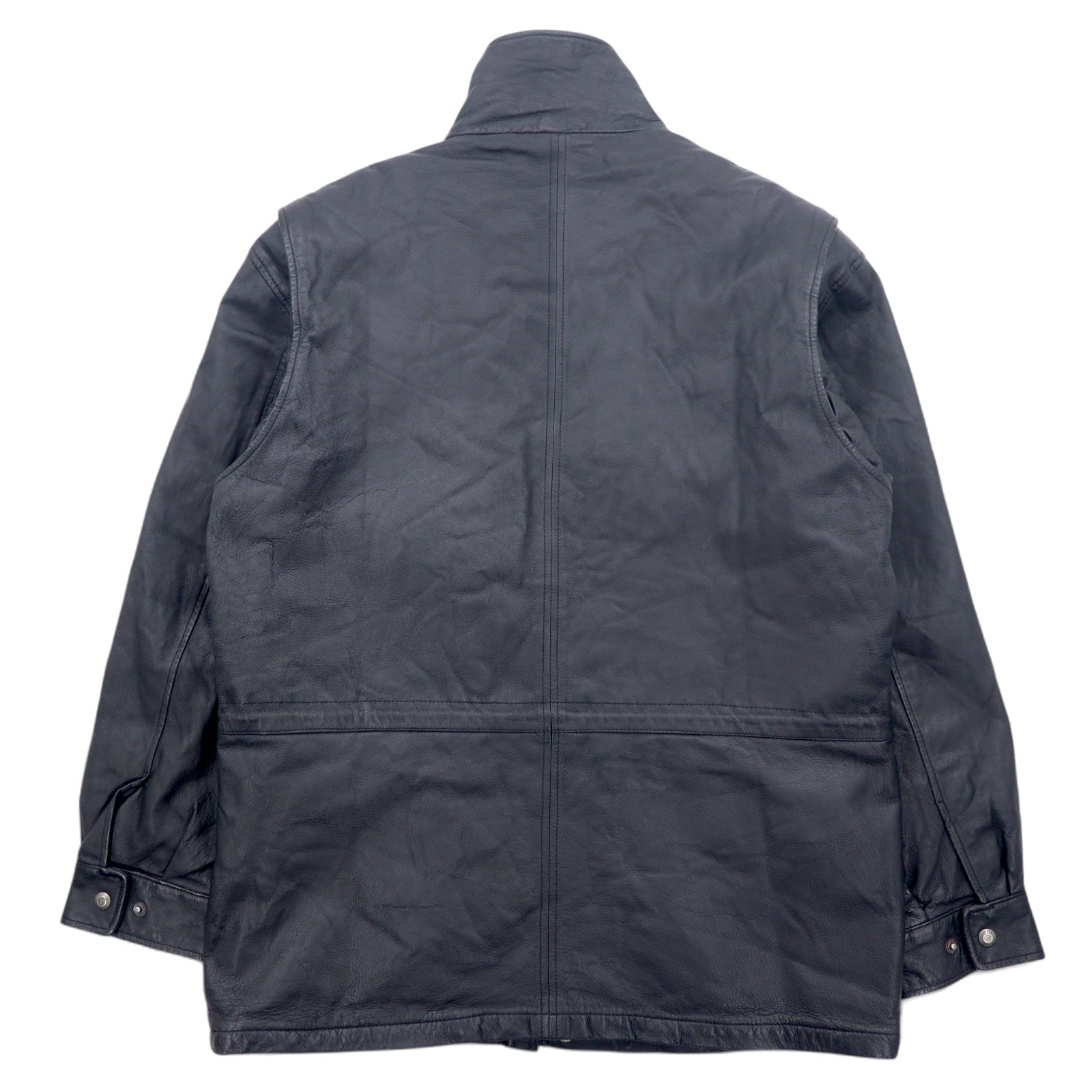 TOWN by London Fog 90年代 スタンドカラー レザーカーコート 中綿 ダブルジップ ジャケット L ブラック ドローコード